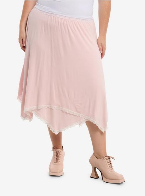 Sweet Society Pink Lace Trim Hanky Hem Midi Skirt Plus Size | Hot