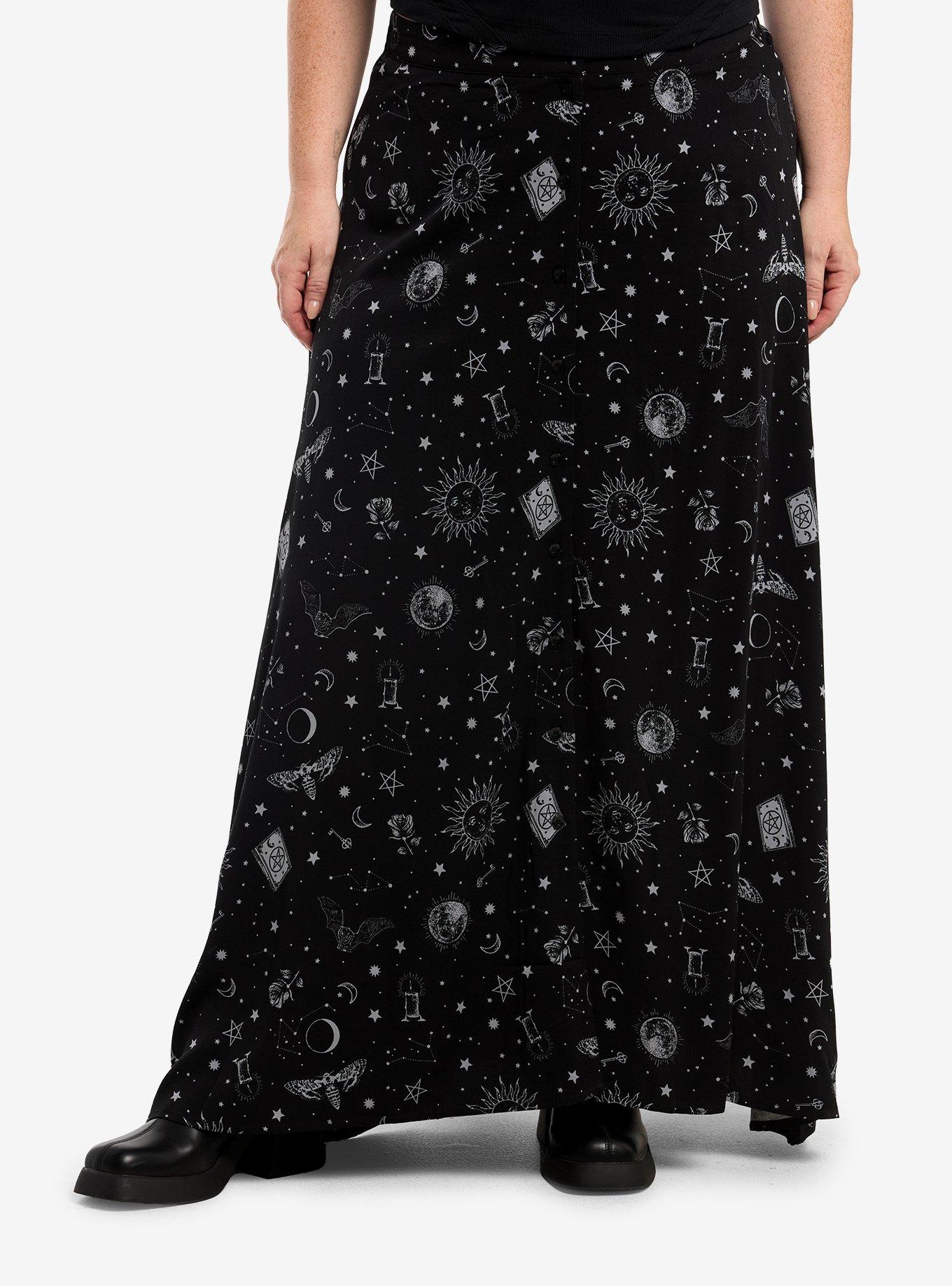 Cosmic Aura Witchy Celestial Button Maxi Skirt Plus Size, , hi-res