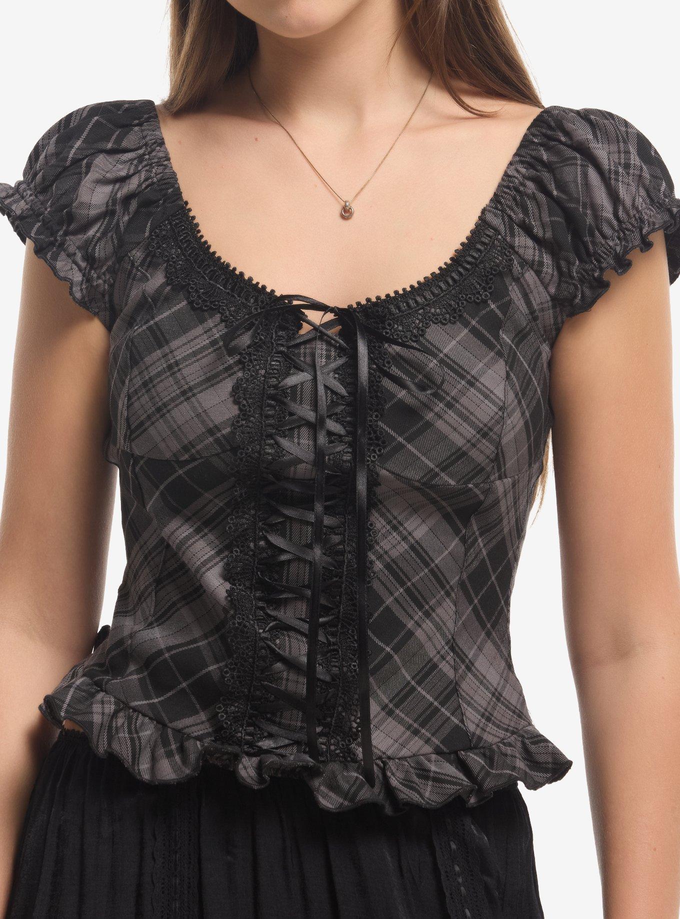 SOCIALCOLLISION Social Collision Grey Plaid Lace-Up Girls Top