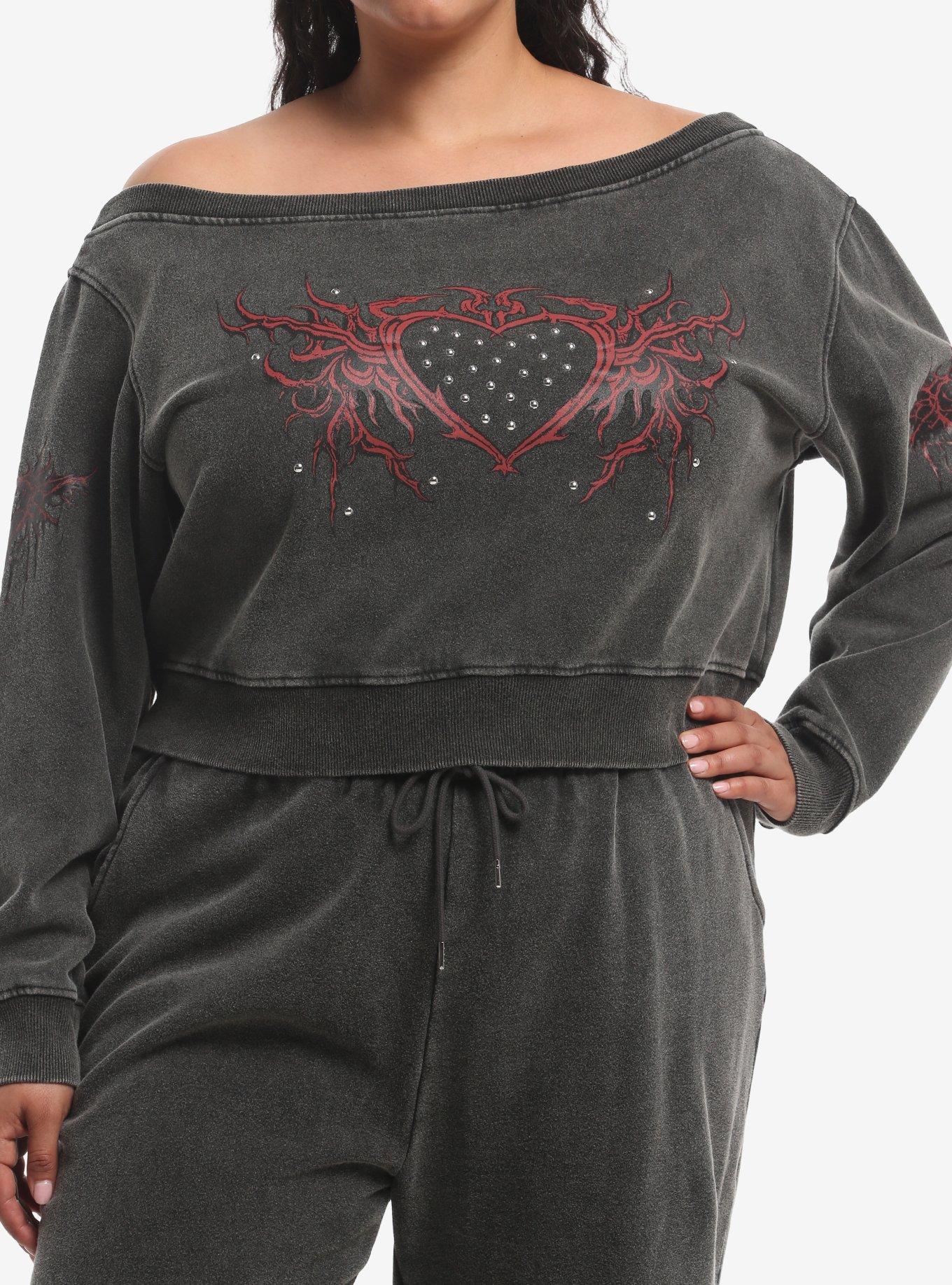 Social Collision Vine Heart Stud Girls Off-Shoulder Sweatshirt Plus Size