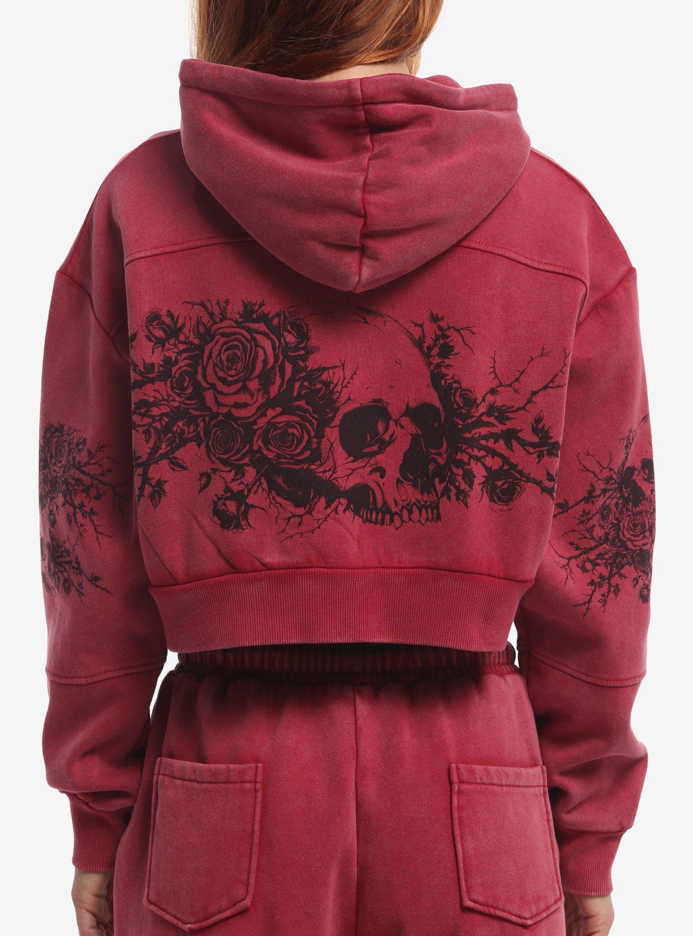 トップス 00s civarize velour hoodie skull rose Red Wash Skull Stack Girls Crop Hoodie | Hot Topic