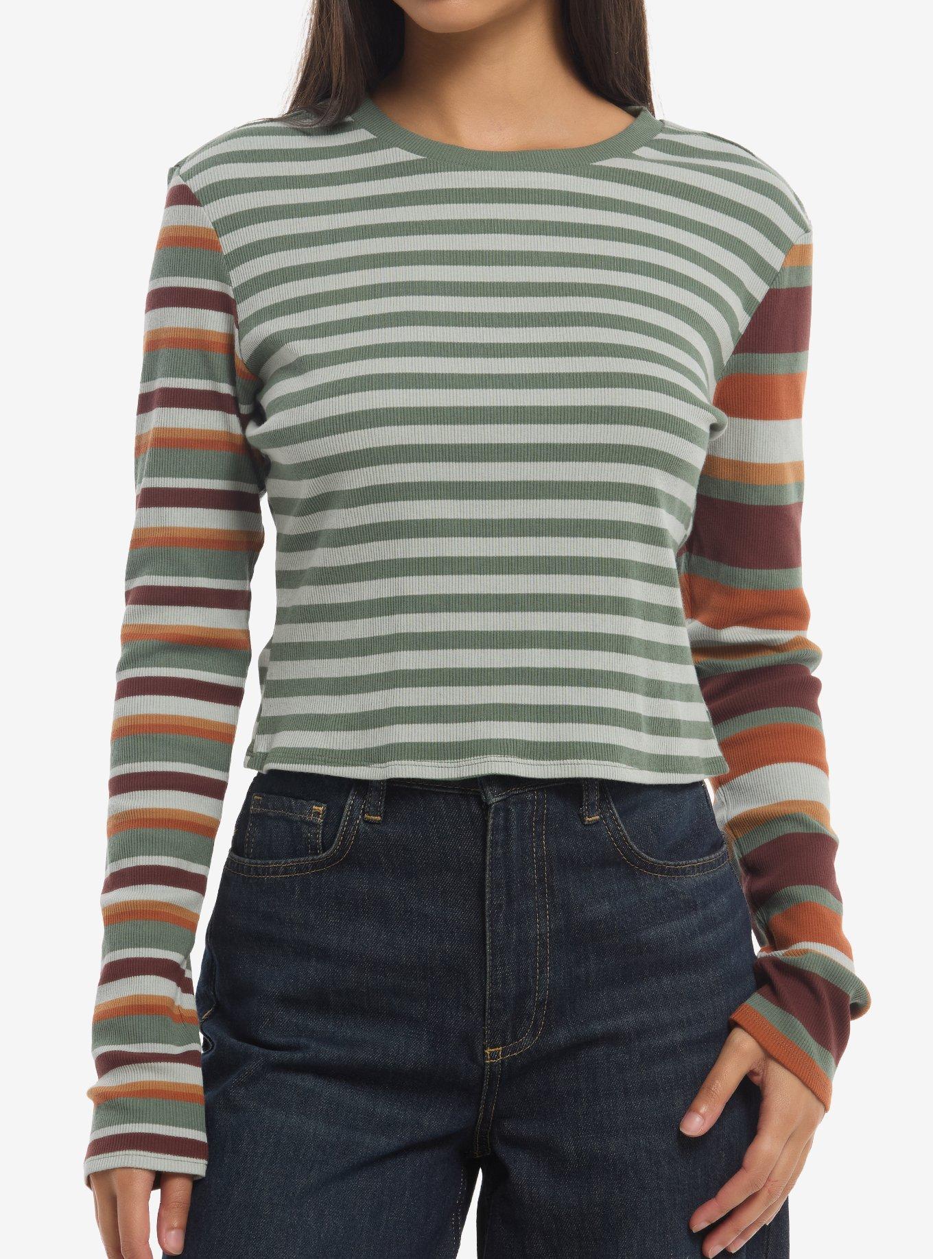 THORNANDFABLE Thorn & Fable Green Multicolor Mismatch Stripe Girls Long-Sleeve Top