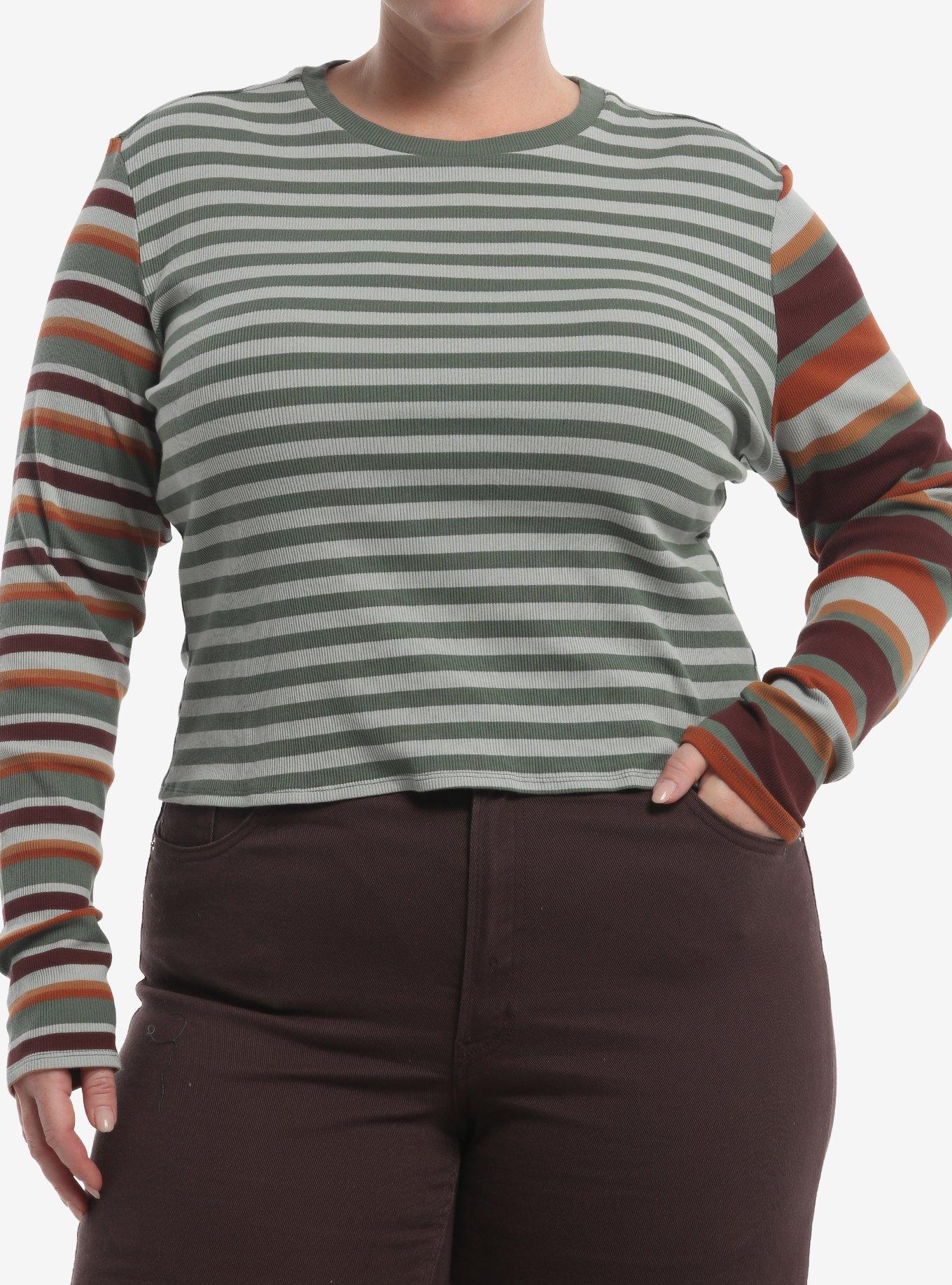 Thorn & Fable Green Multicolor Mismatch Stripe Girls Long-Sleeve Top Plus Size