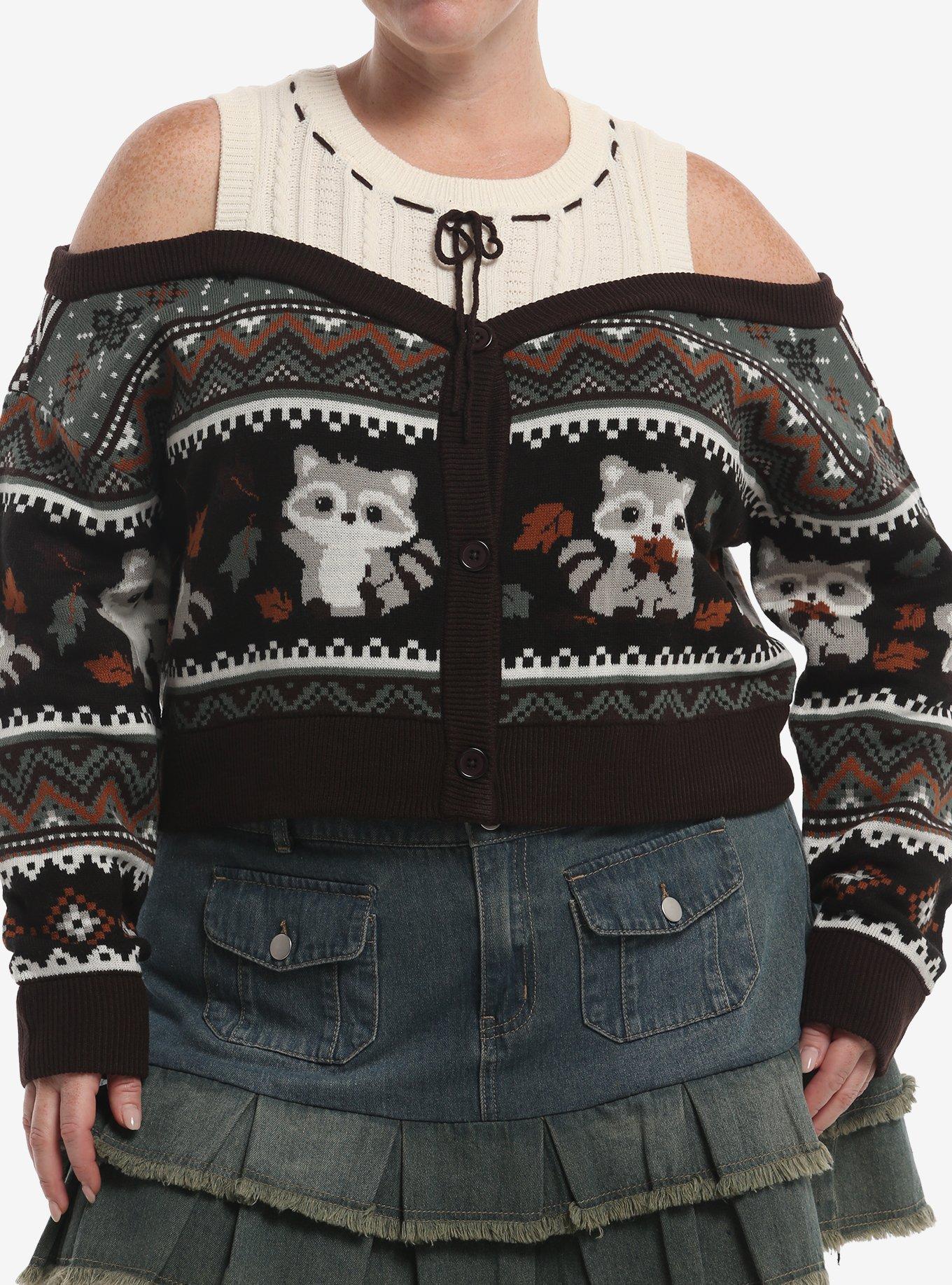 Thorn & Fable Raccoon Fall Girls Off-Shoulder Sweater Plus Size