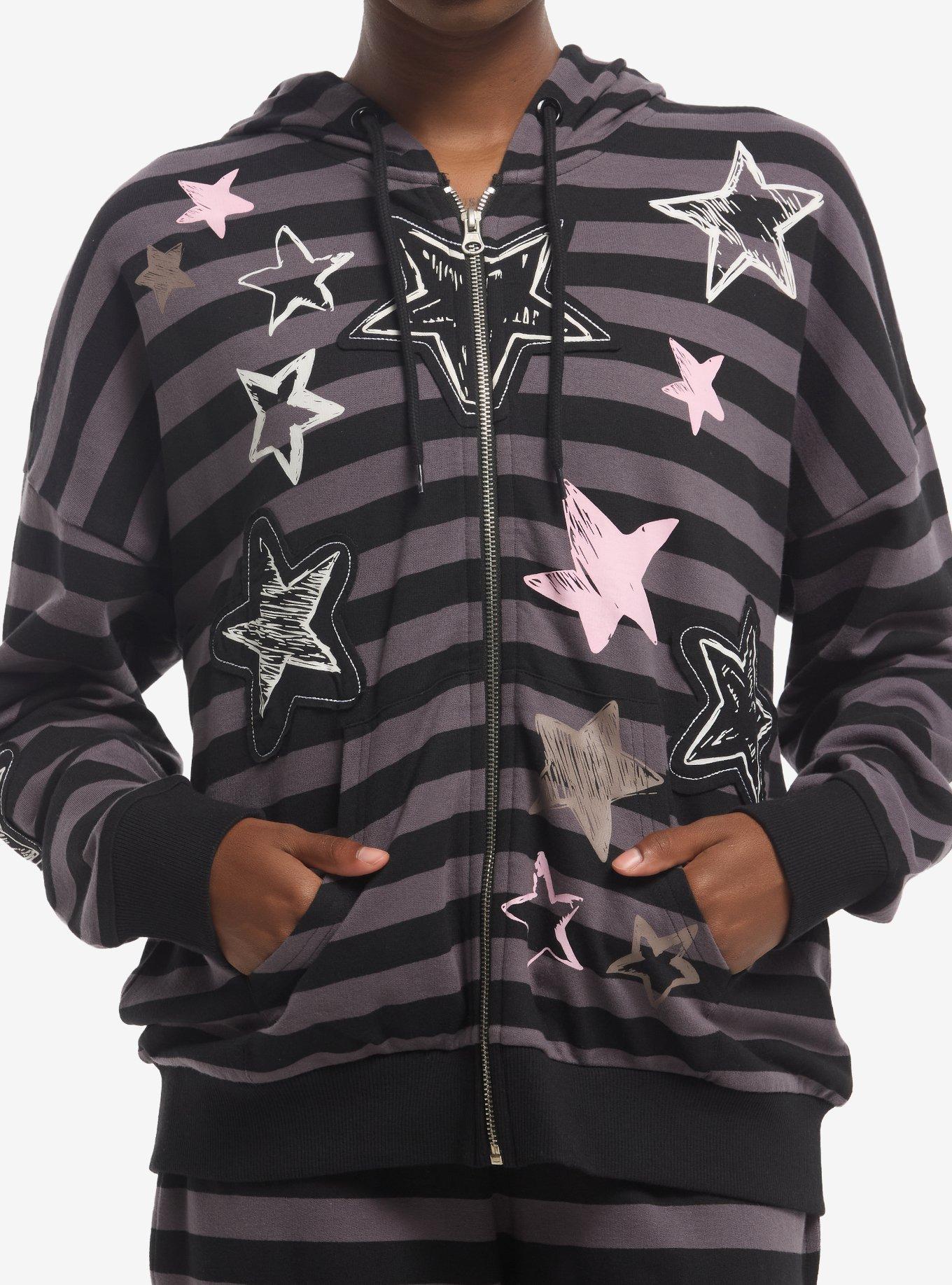 HOTTOPIC Black & Grey Stripe Star Girls Oversized Hoodie