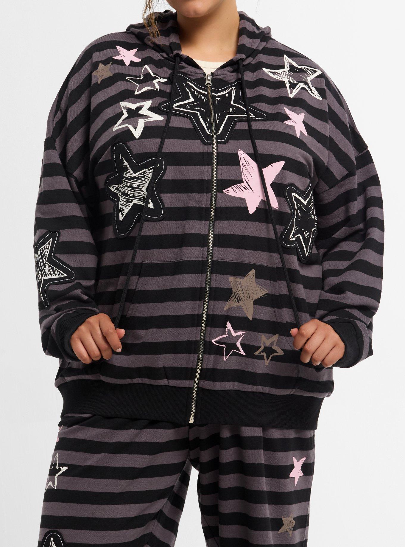 HOTTOPIC Black & Grey Stripe Star Girls Oversized Hoodie Plus Size