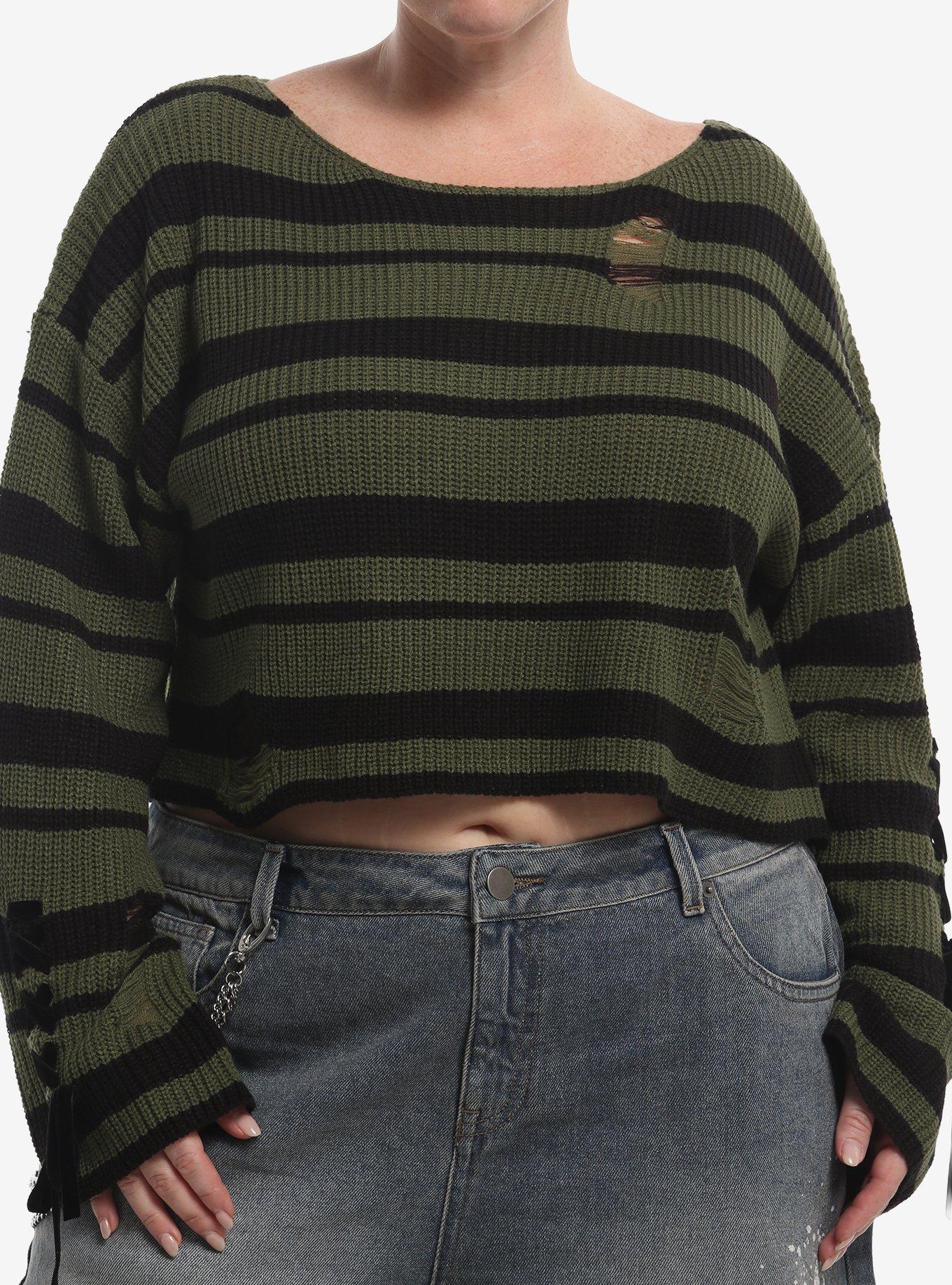 Thorn & Fable Green & Black Stripe Distressed Girls Crop Sweater Plus Size