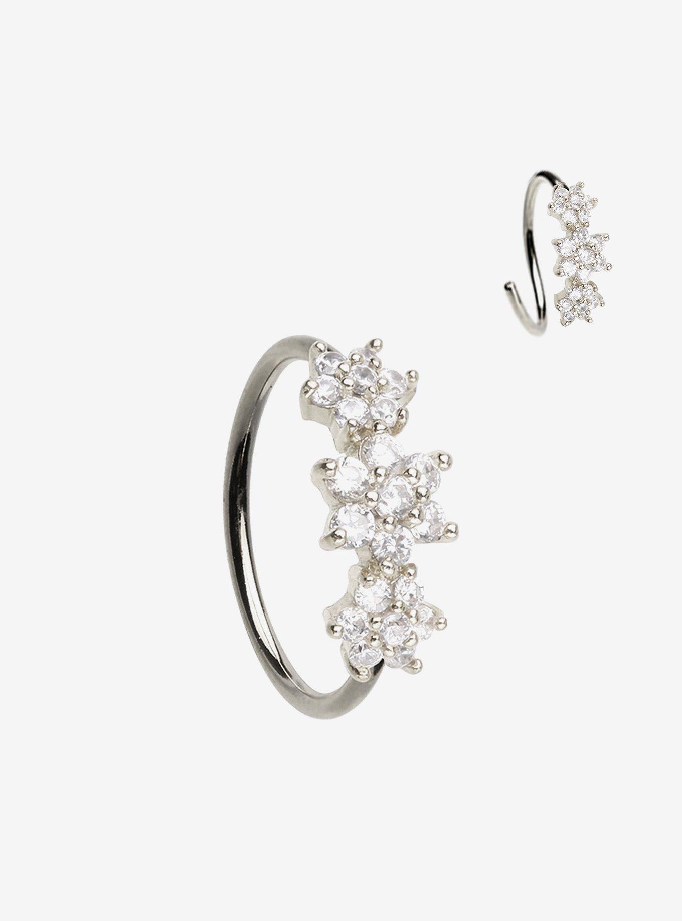 20G Steel Silver Bling Flower Nose Hoop, , hi-res