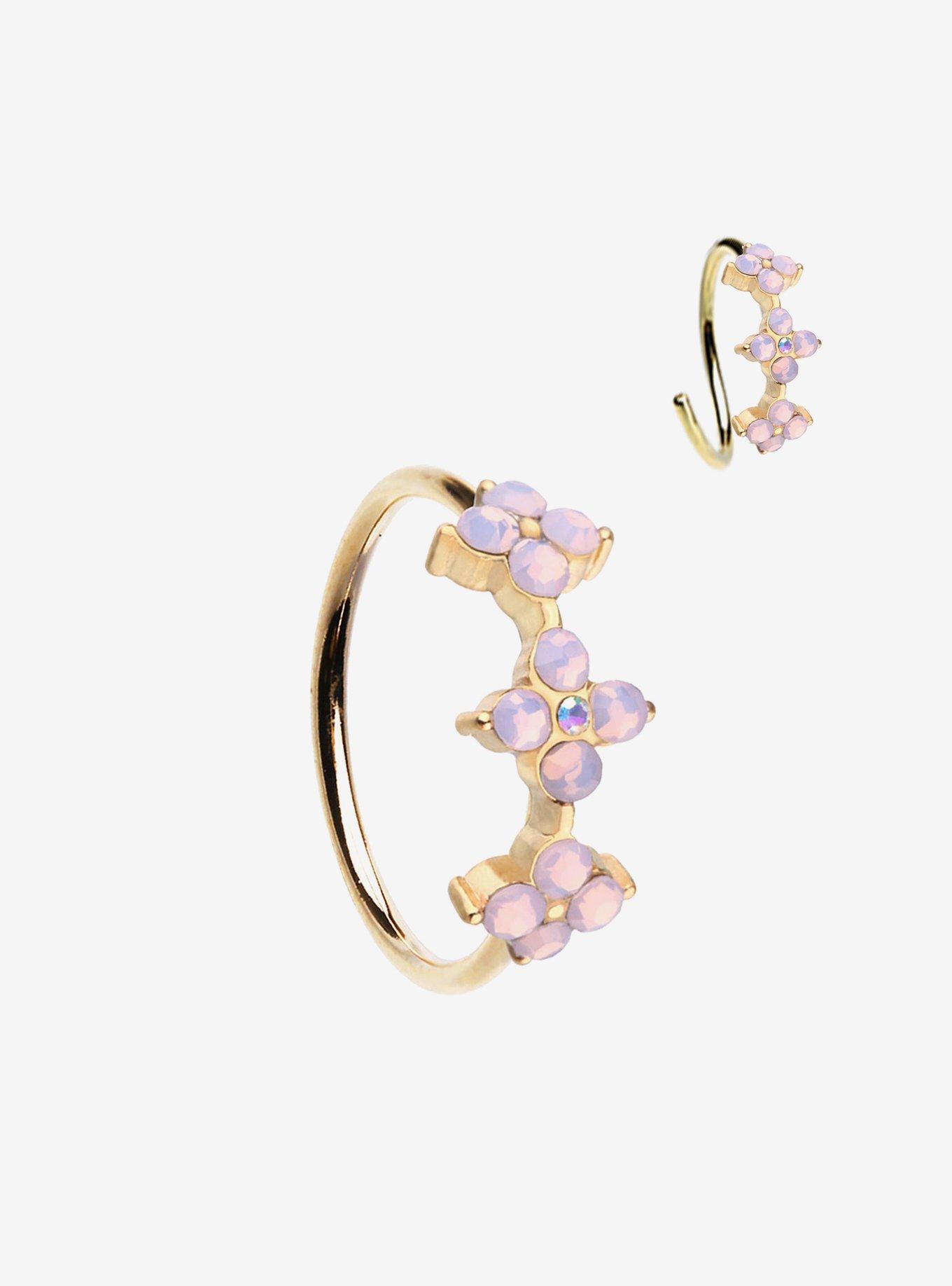 20G Steel Gold Bling Pink Flower Nose Hoop, , hi-res