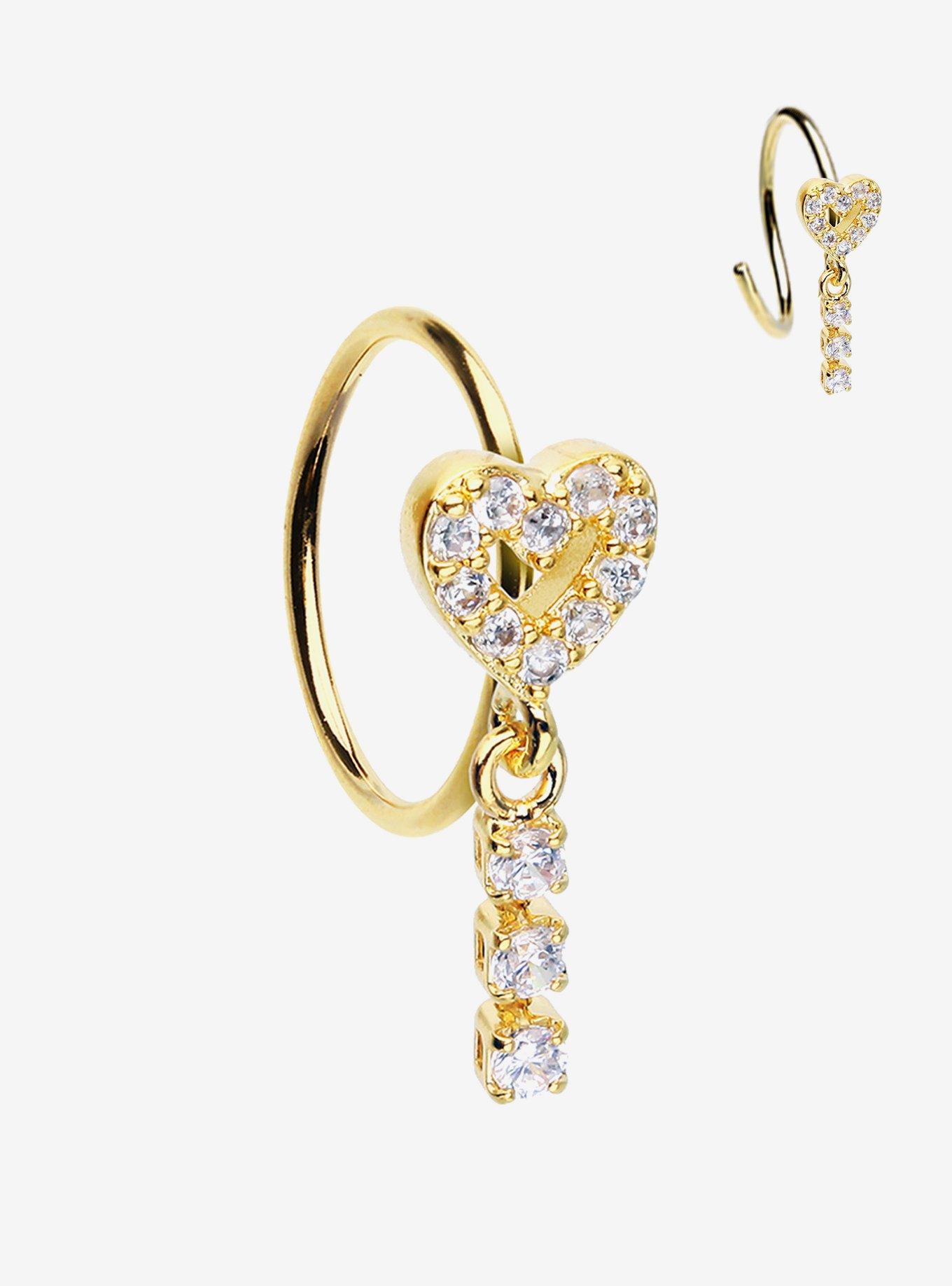 20G Steel Gold Heart Bling Nose Hoop, , hi-res