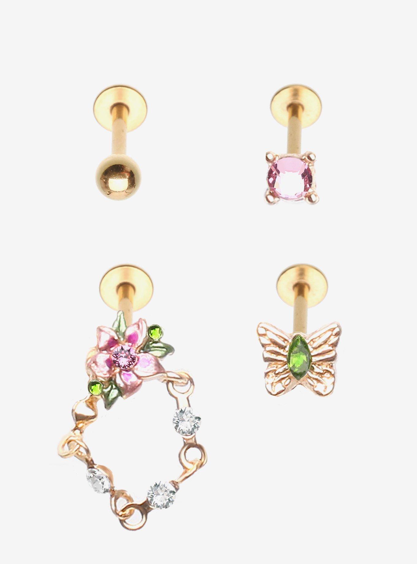Steel Pink Flower Butterfly Cartilage Stud 4 Pack, , hi-res