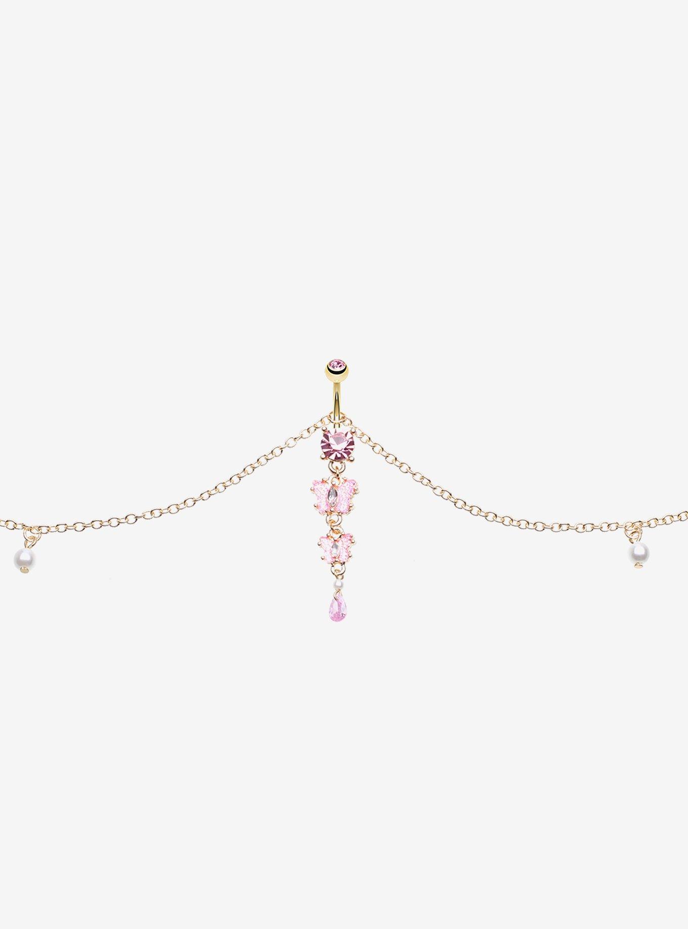Steel Pink Butterfly Navel Barbell & Belly Chain, , hi-res