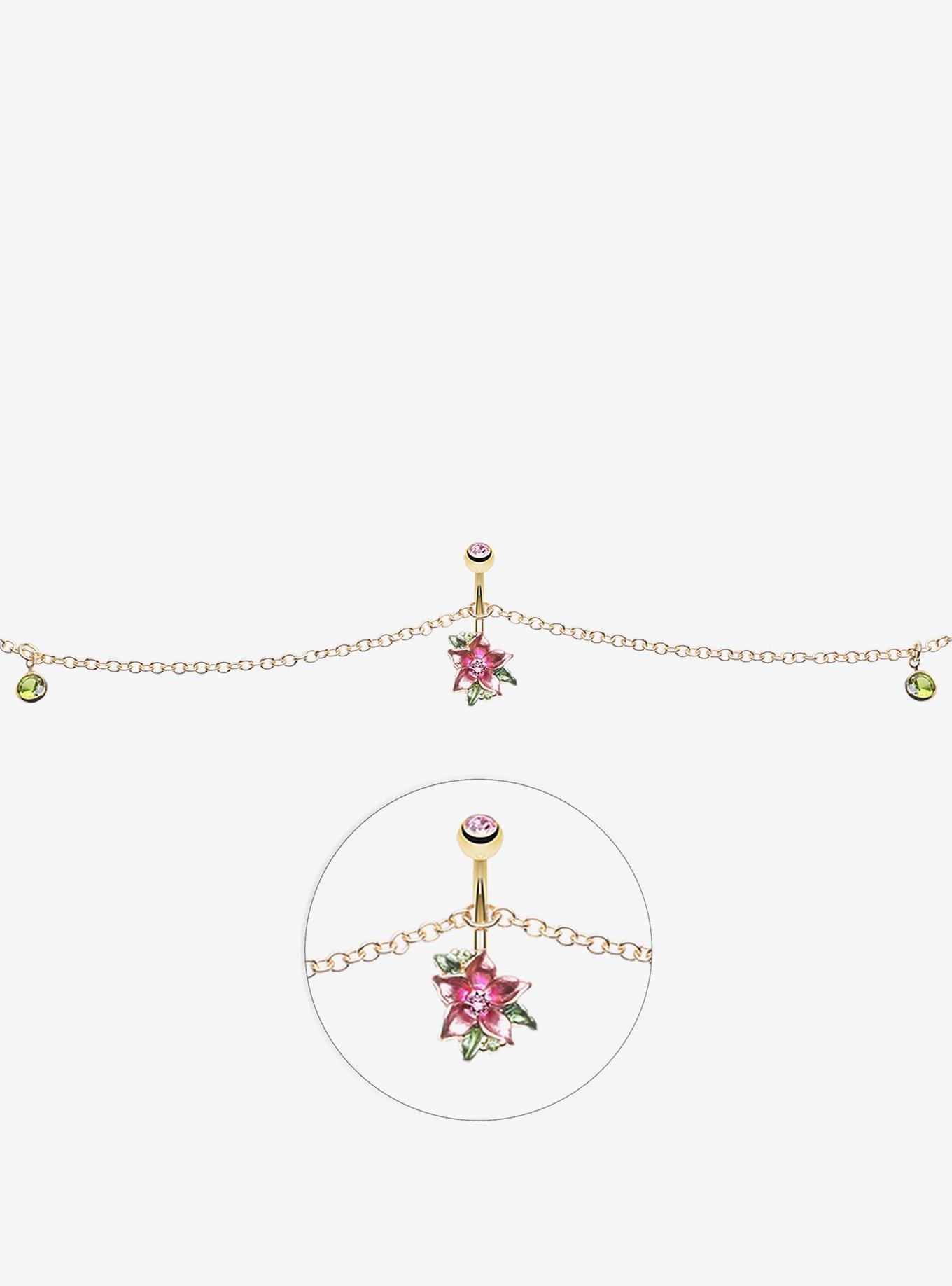 Steel Gold Pink Flower Navel Barbell & Belly Chain, , hi-res