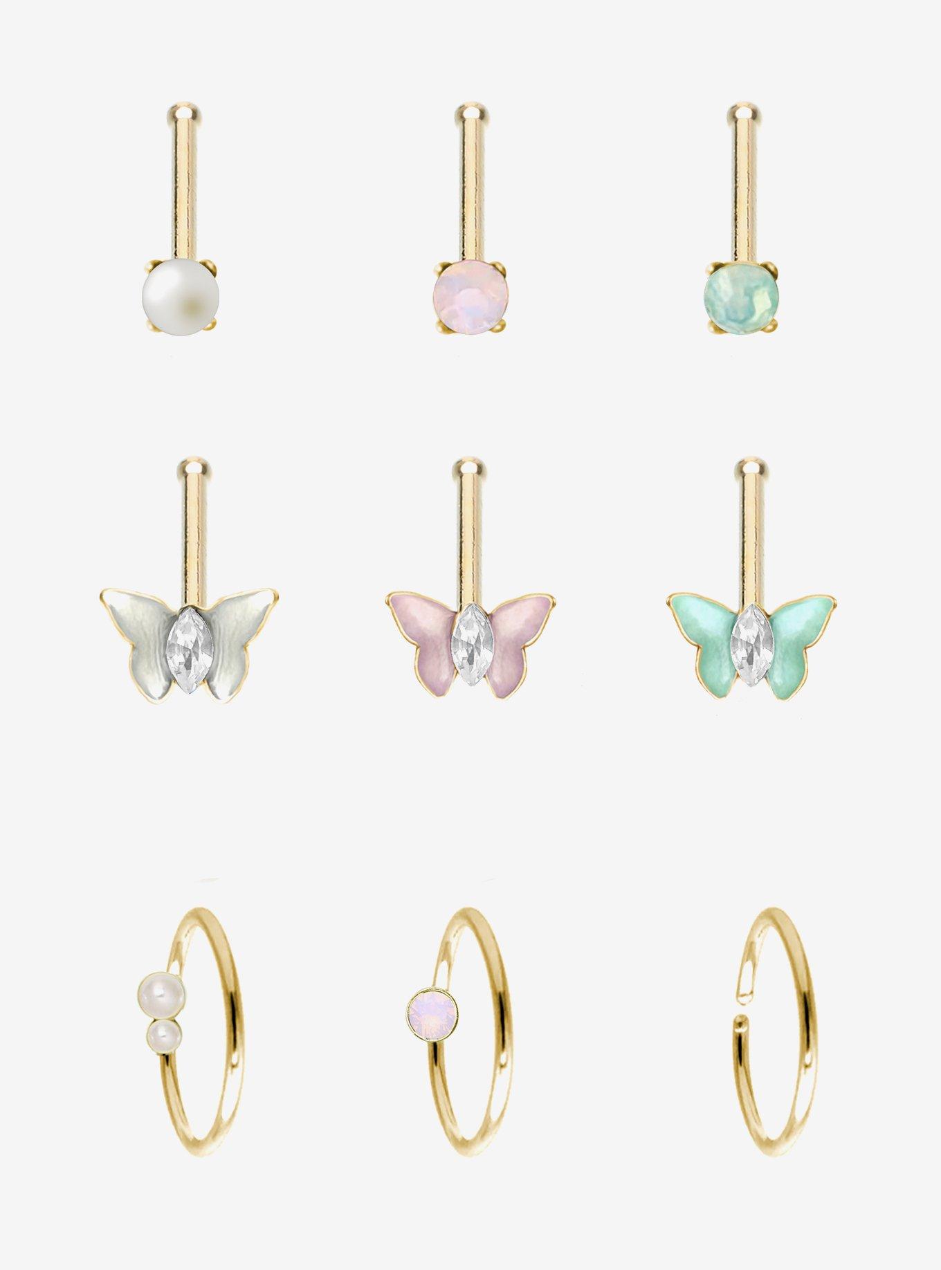Steel Gold Pastel Butterfly Nose Stud & Hoop 9 Pack, , hi-res