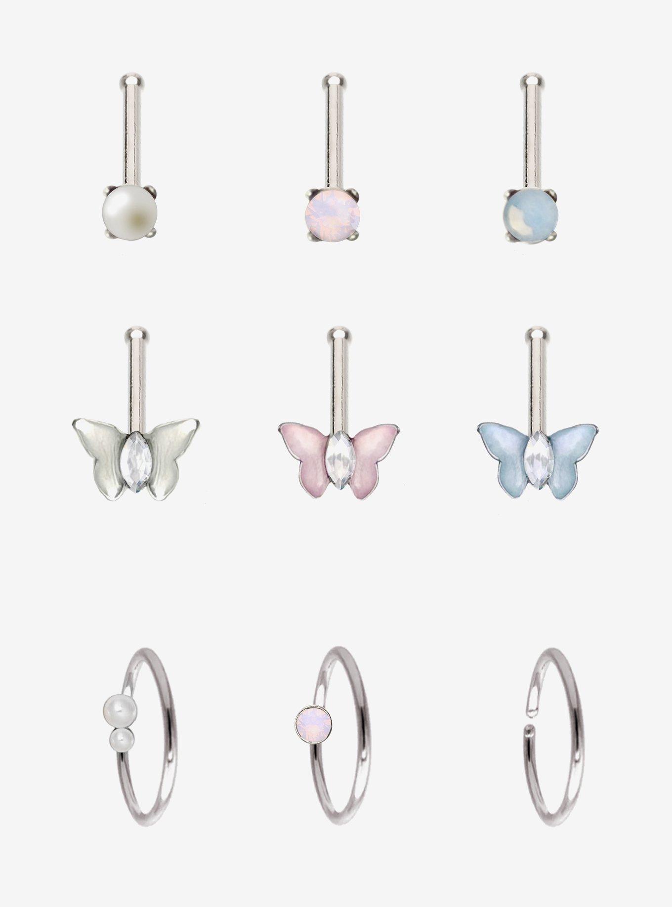 Steel Silver Pastel Butterfly Nose Stud & Hoop 9 Pack, , hi-res
