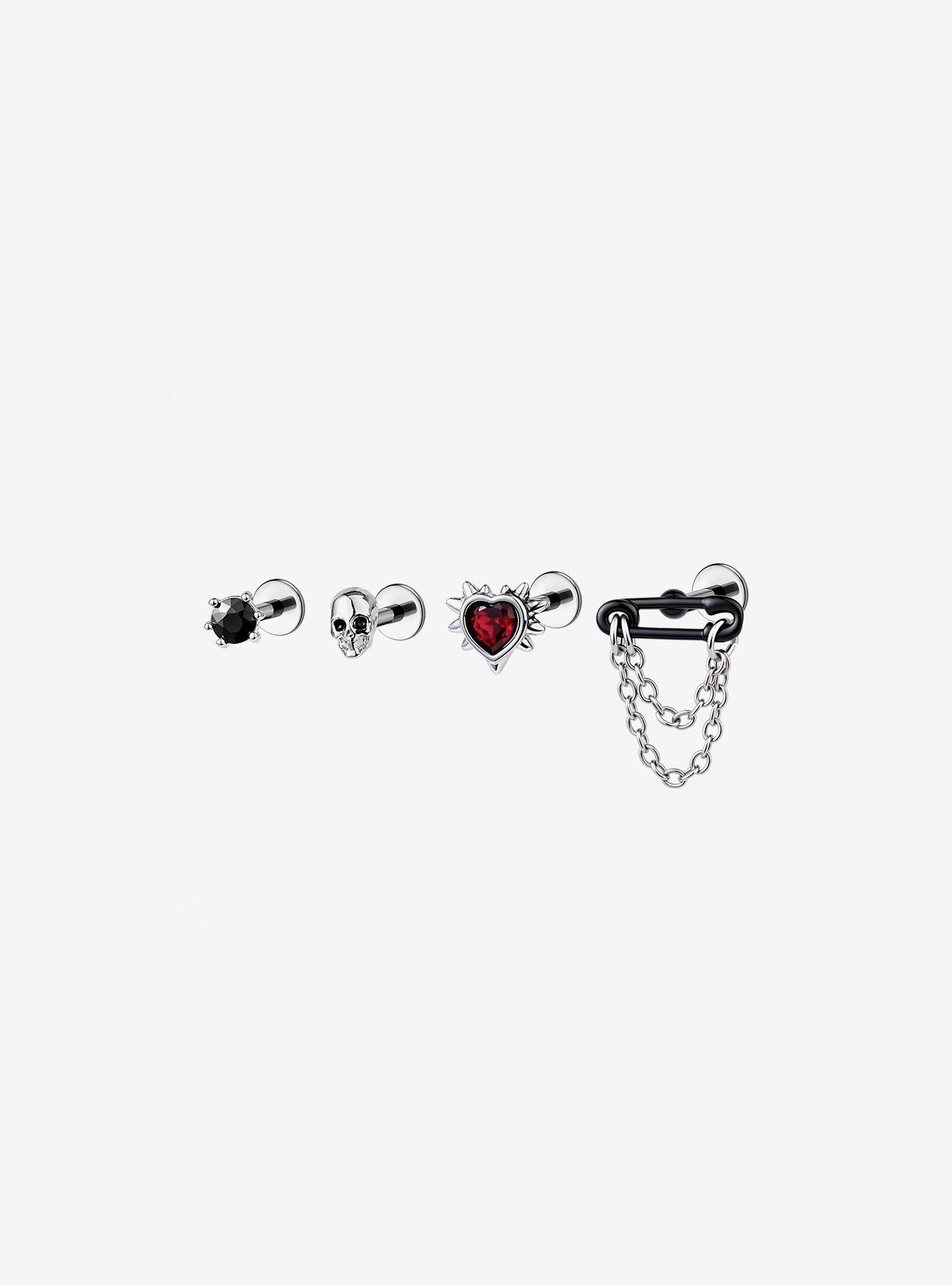 16G Steel Skull Spiked Heart Cartilage Stud 4 Pack, , hi-res