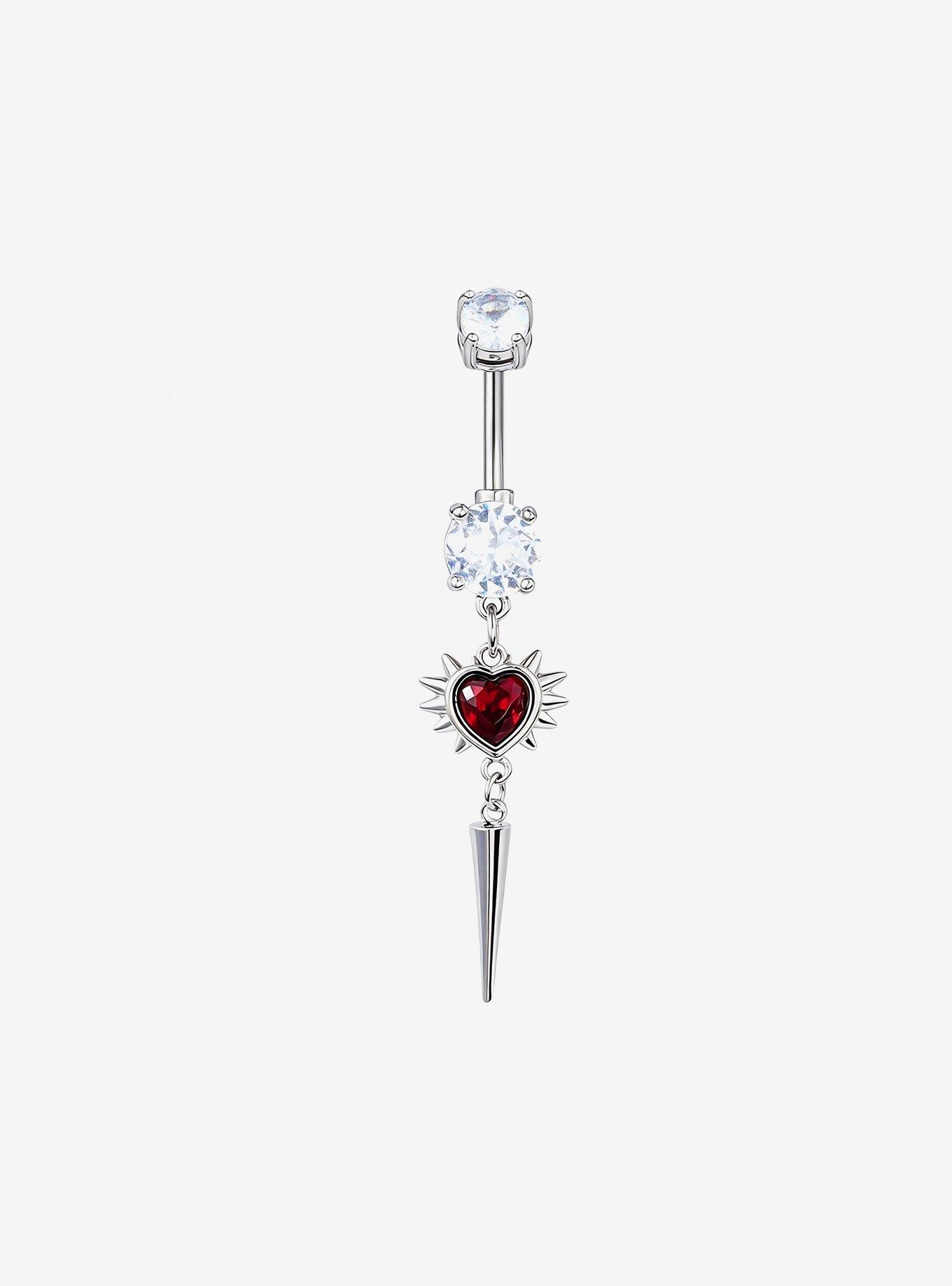 14G Steel Spiked Red Heart Navel Barbell, , hi-res