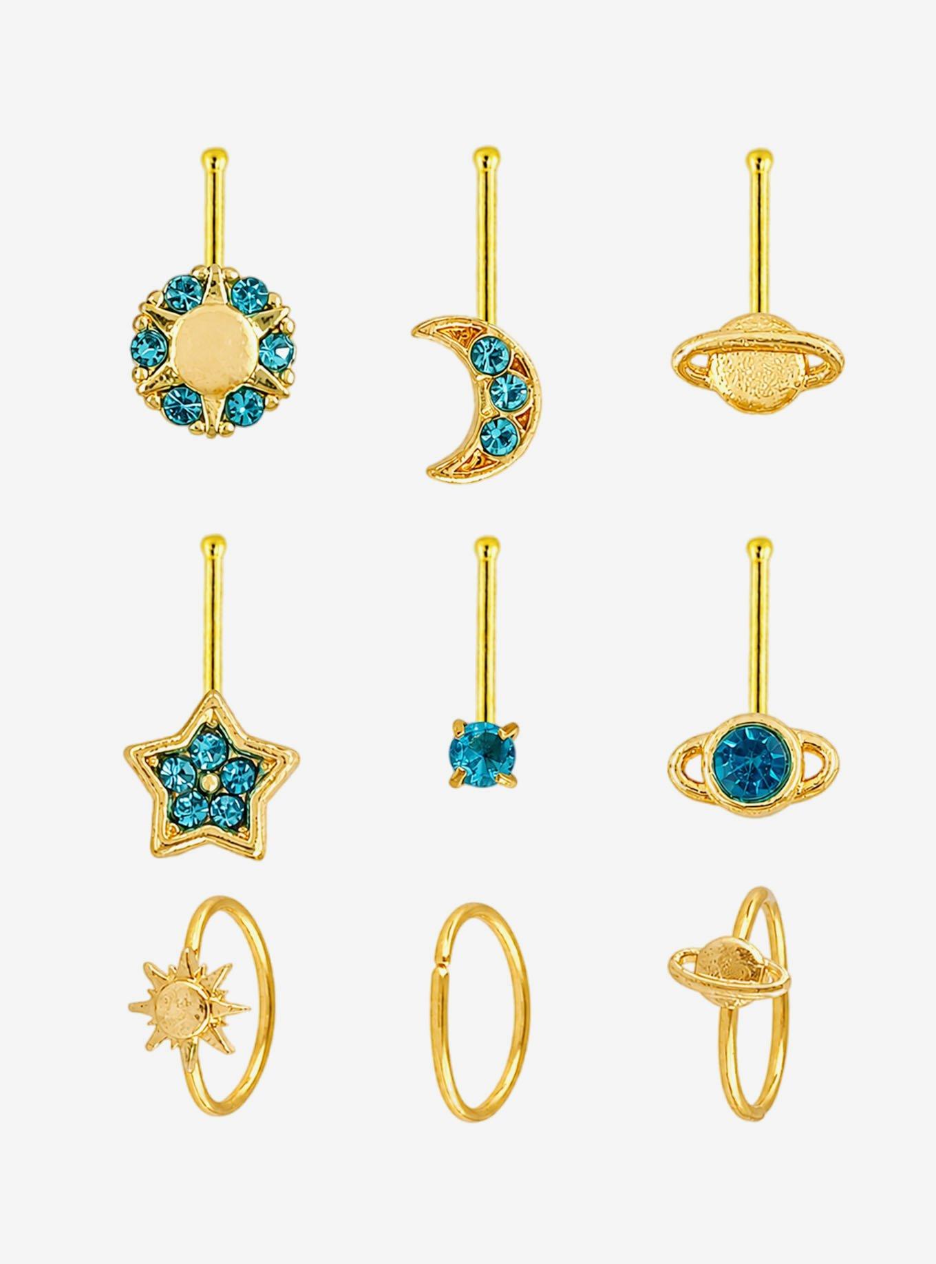 Steel Gold & Blue Celestial Nose Stud & Hoop 9 Pack, , hi-res