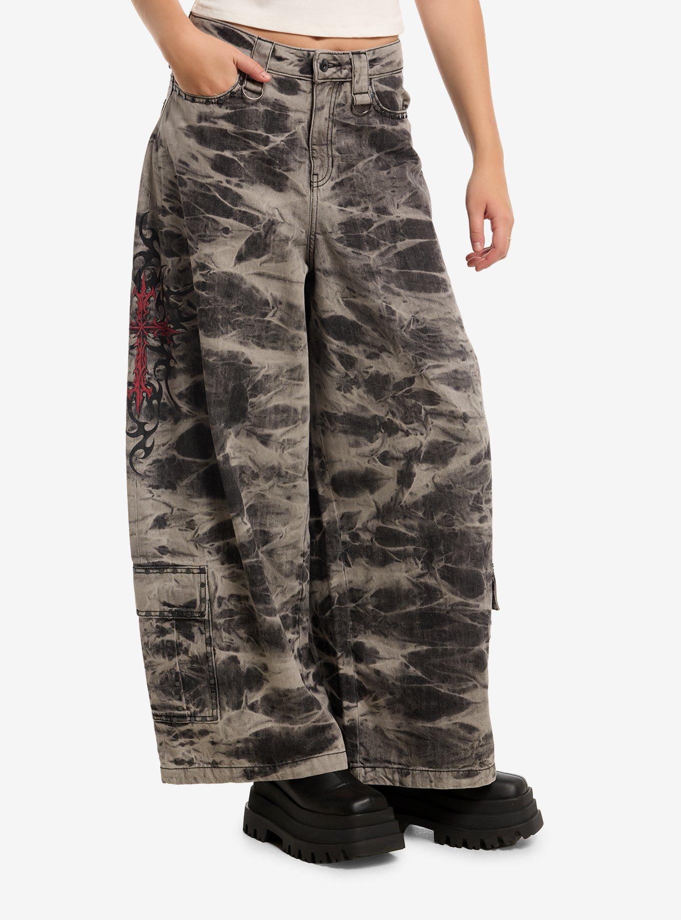 Social Collision Grey Wash Cross Filigree Cargo Jeans | Hot Topic