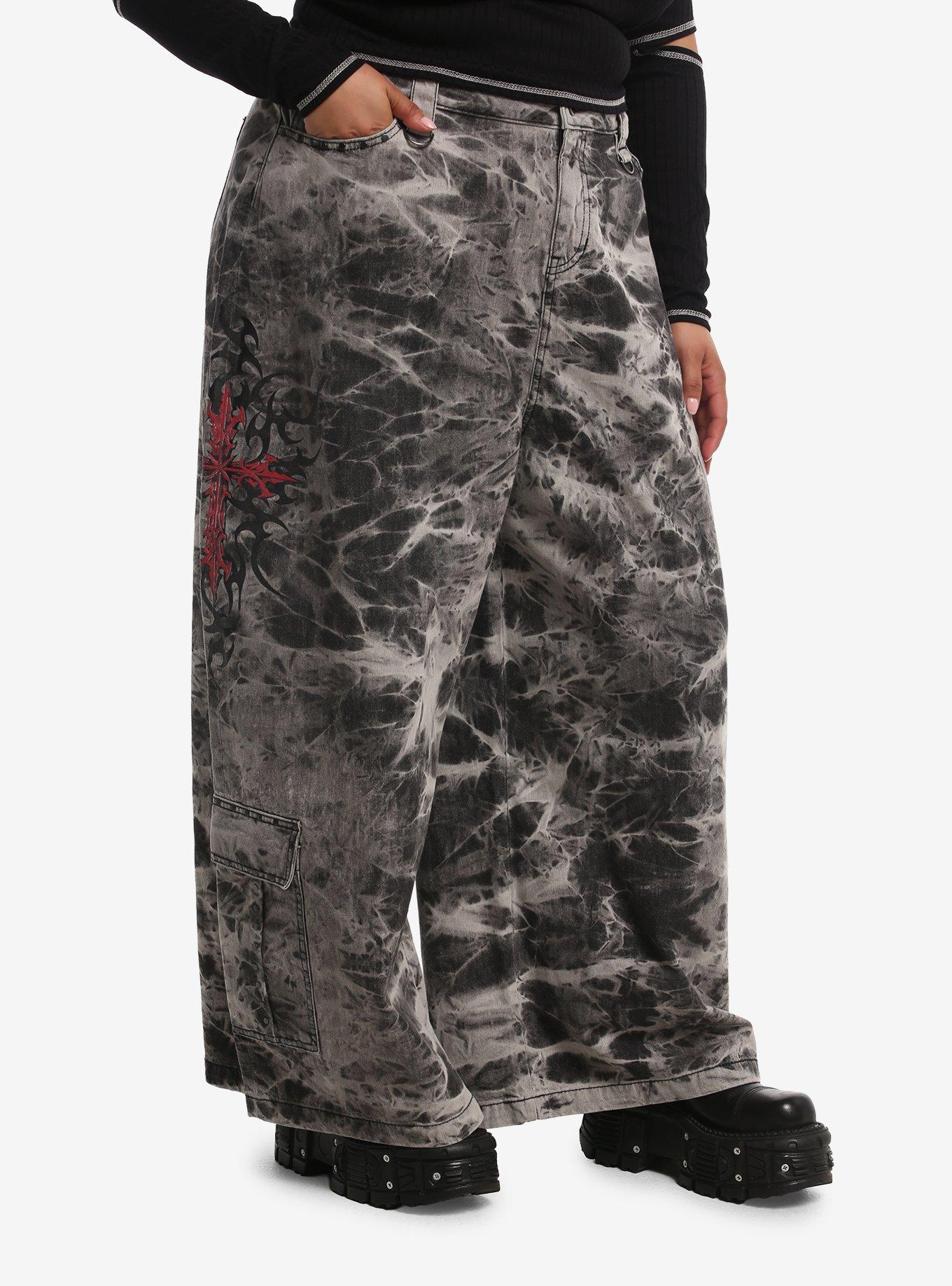 Social Collision Grey Wash Cross Filigree Cargo Jeans Plus Size