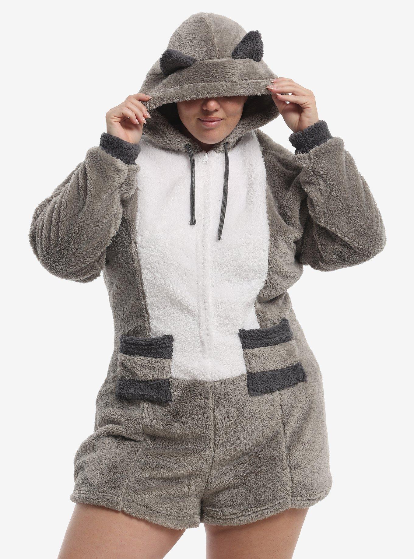 Thorn & Fable Raccoon Fuzzy Romper Plus Size | Hot Topic