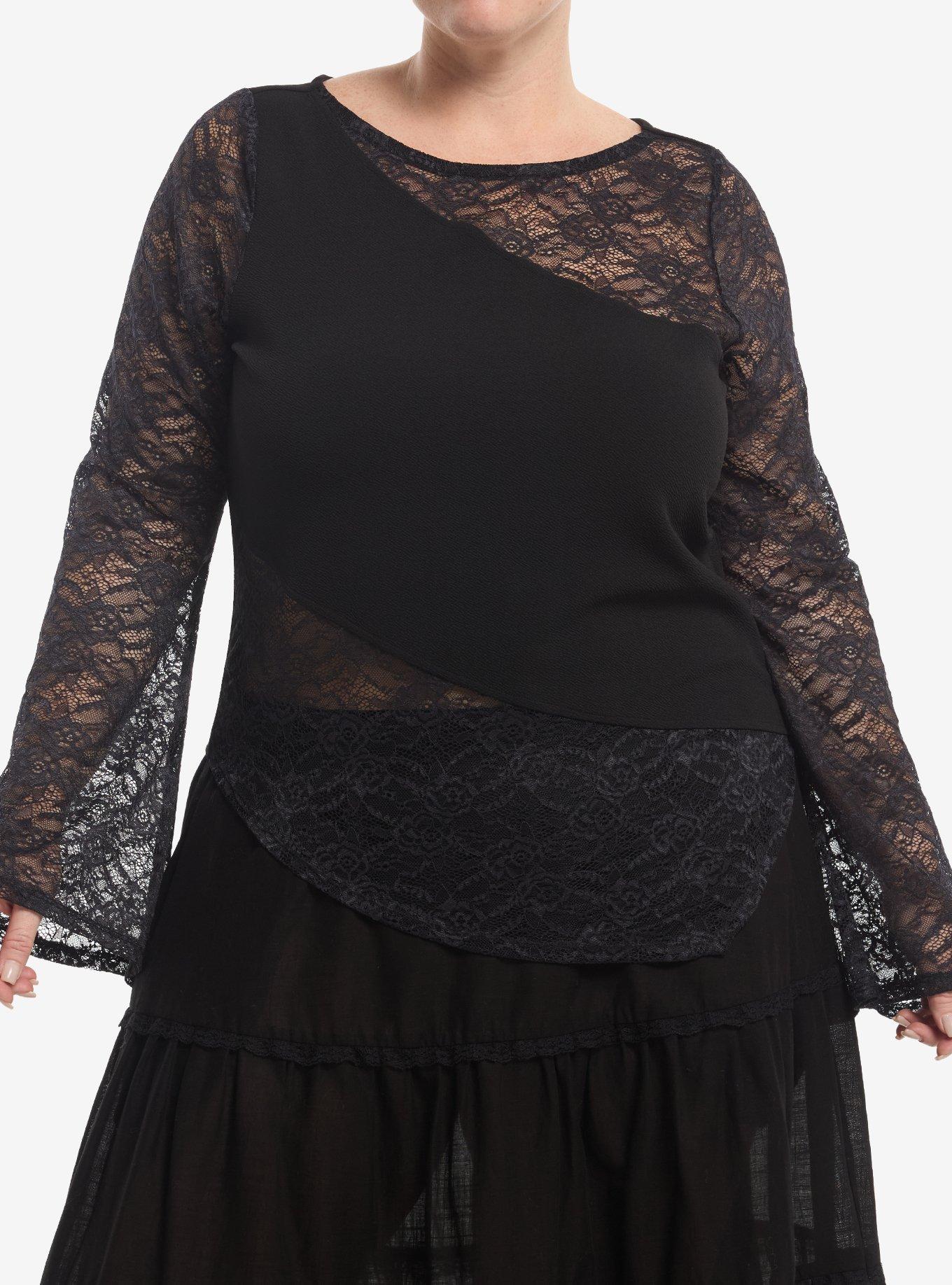 COSMICAURA Cosmic Aura Black Lace Panels Girls Bell Sleeve Top Plus Size