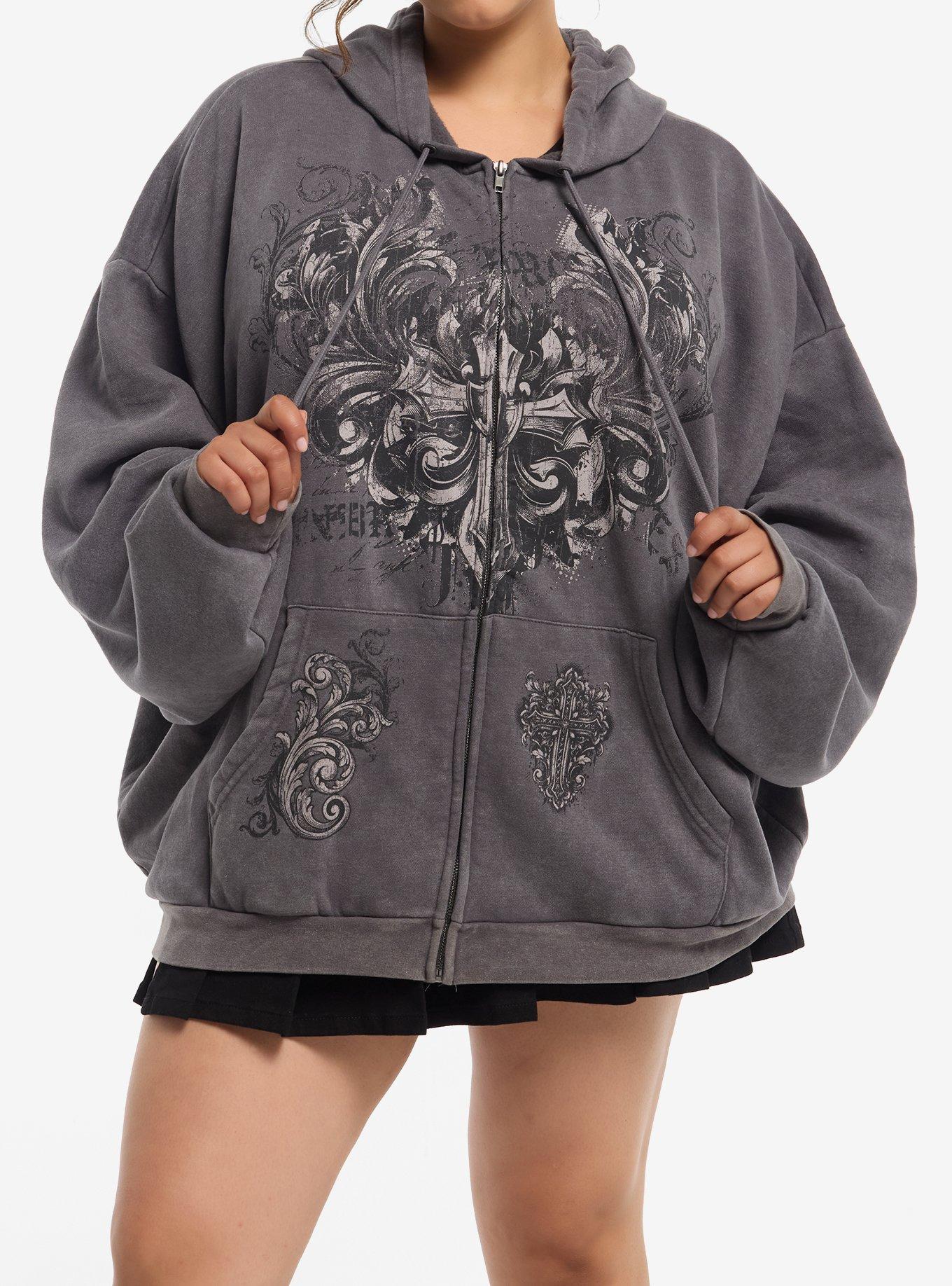 SOCIALCOLLISION Social Collision Grey Cross Filigree Girls Oversized Hoodie Plus Size