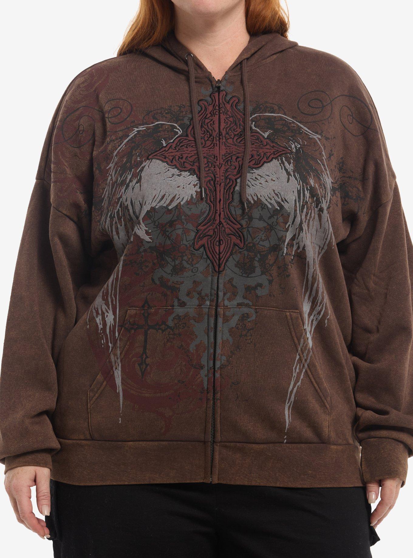 SOCIALCOLLISION Social Collision Brown Filigree Cross Wing Girls Hoodie Plus Size
