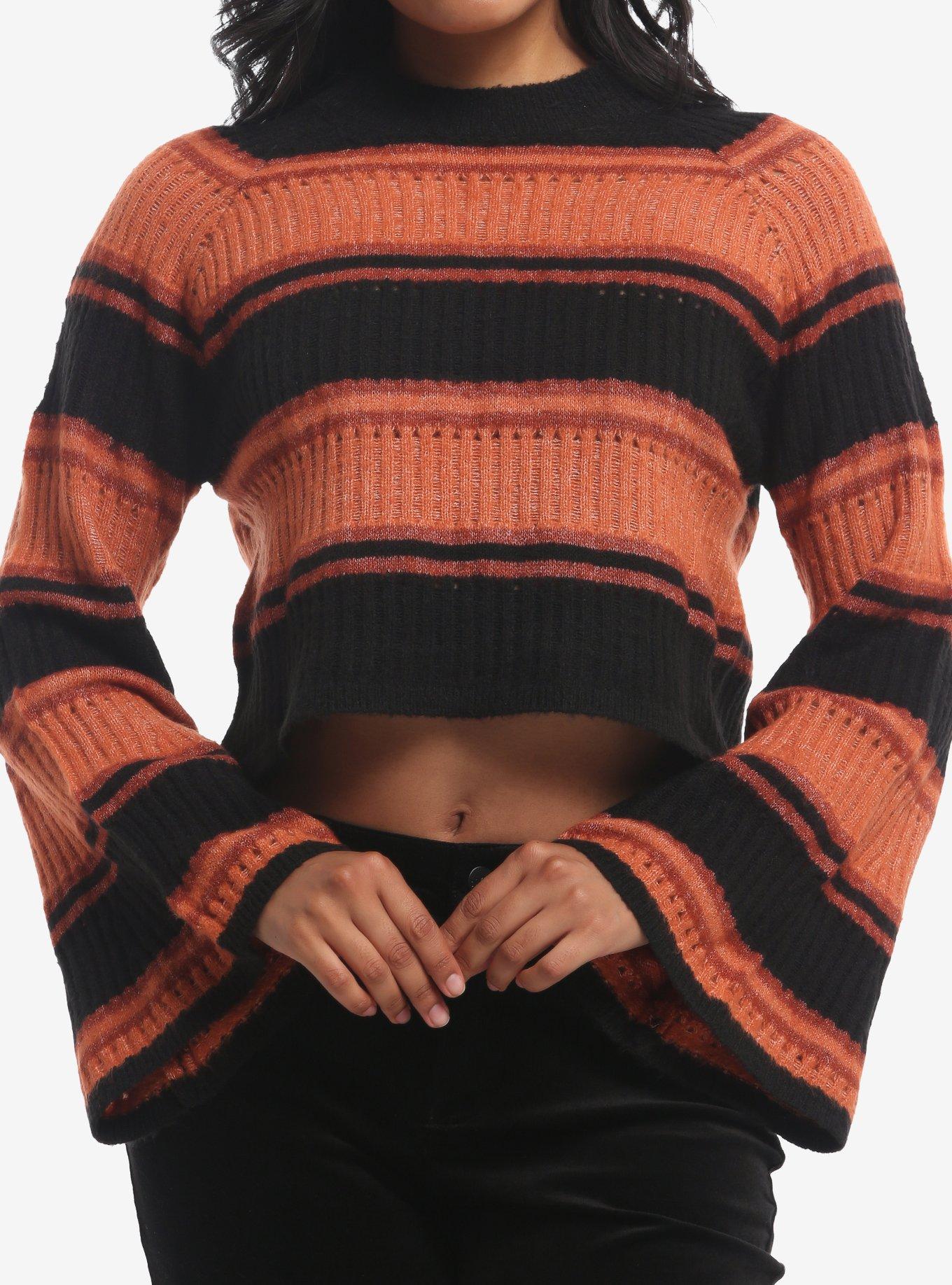 Black & Orange Stripe Girls Bell Sleeve Sweater