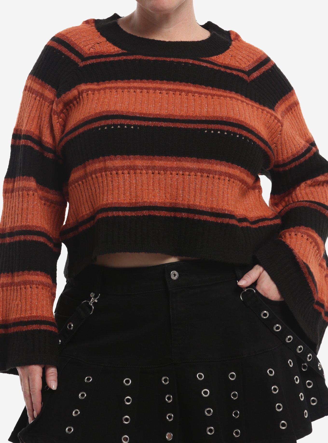 Black & Orange Stripe Girls Bell Sleeve Sweater Plus Size