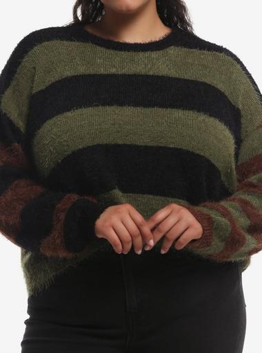 Thorn & Fable Green Black Brown Stripe Mohair Girls Sweater Plus