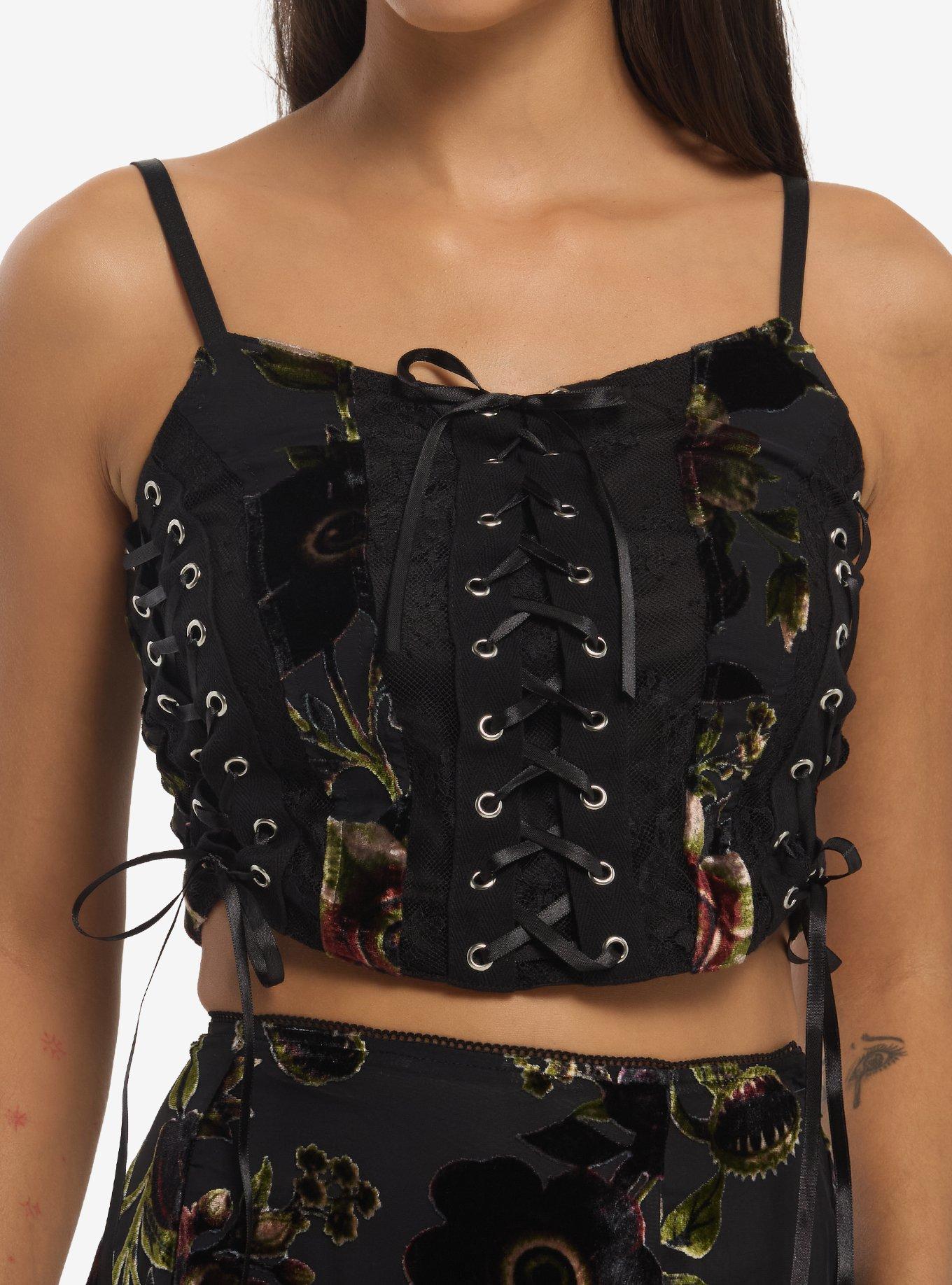 COSMICAURA Cosmic Aura Burnout Floral Velour Girls Crop Corset Top