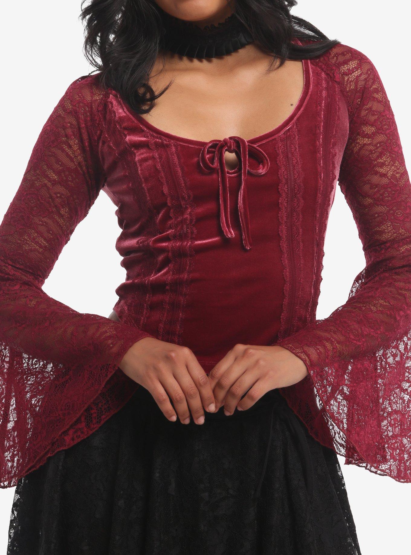 COSMICAURA Cosmic Aura Maroon Velvet Girls Bell Sleeve Top
