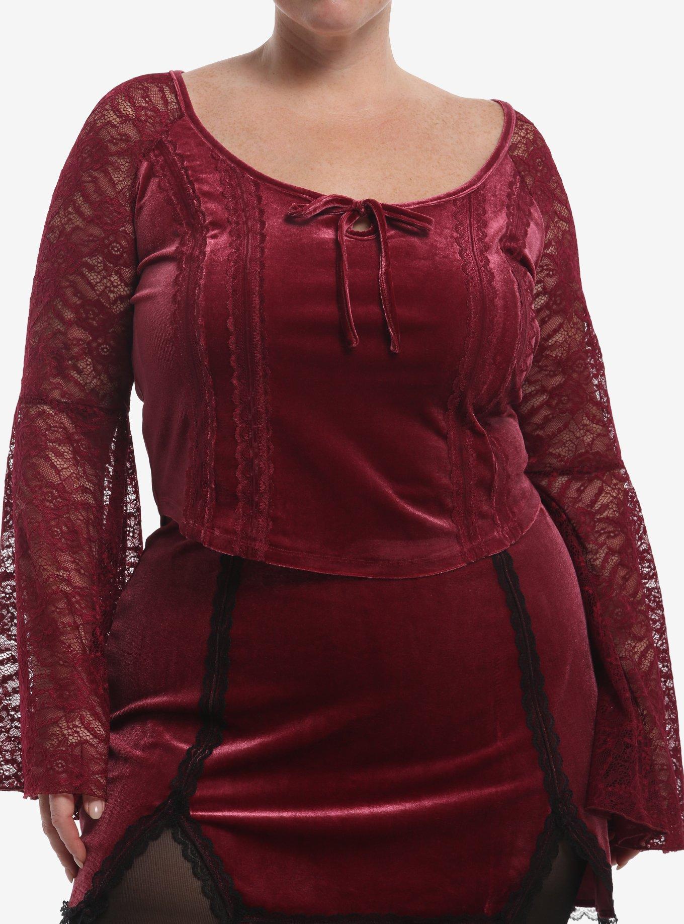 Cosmic Aura Maroon Velvet Girls Bell Sleeve Top Plus Size