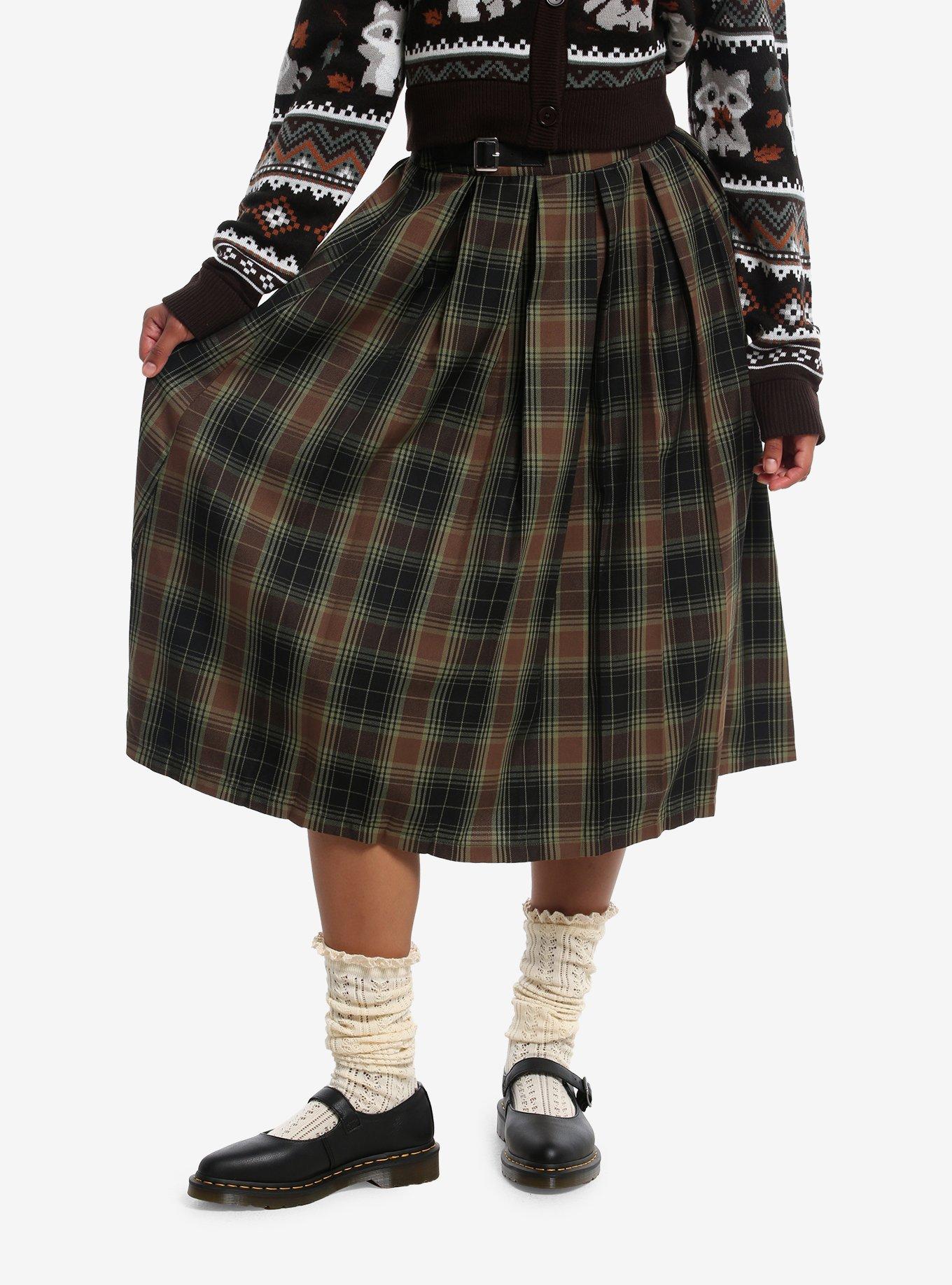 Thorn & Fable Green & Brown Plaid Buckle Midi Skirt