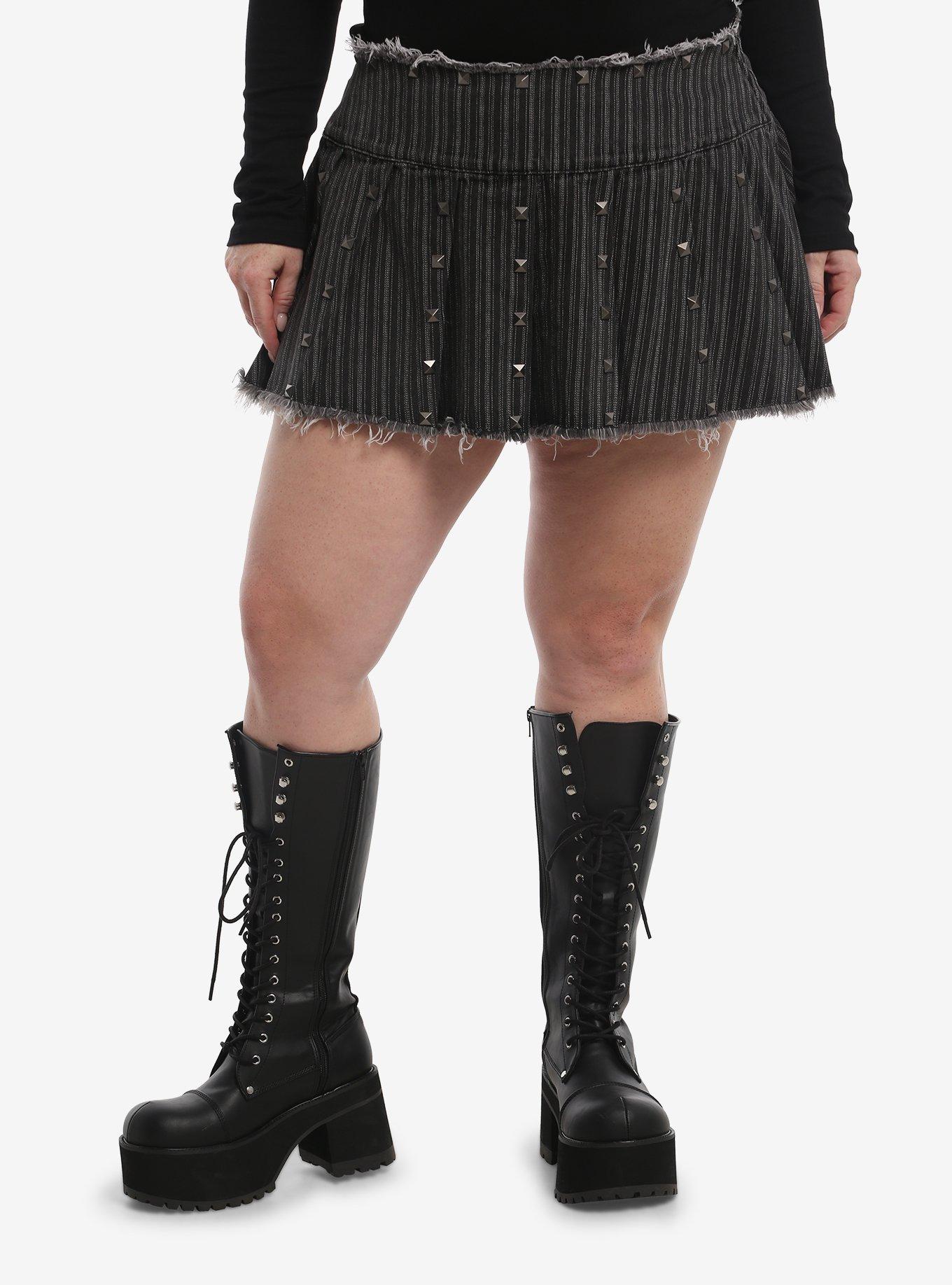 Social Collision Grey Pinstripe Stud Denim Mini Skirt Plus Size