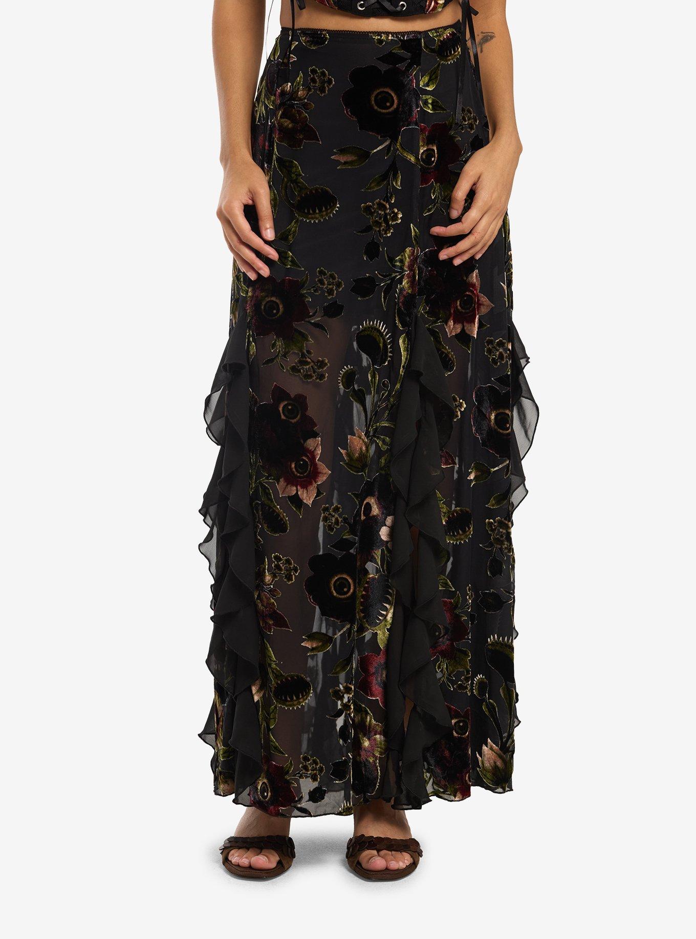 Cosmic Aura Burnout Floral Eyeball Velour Maxi Skirt | Hot Topic