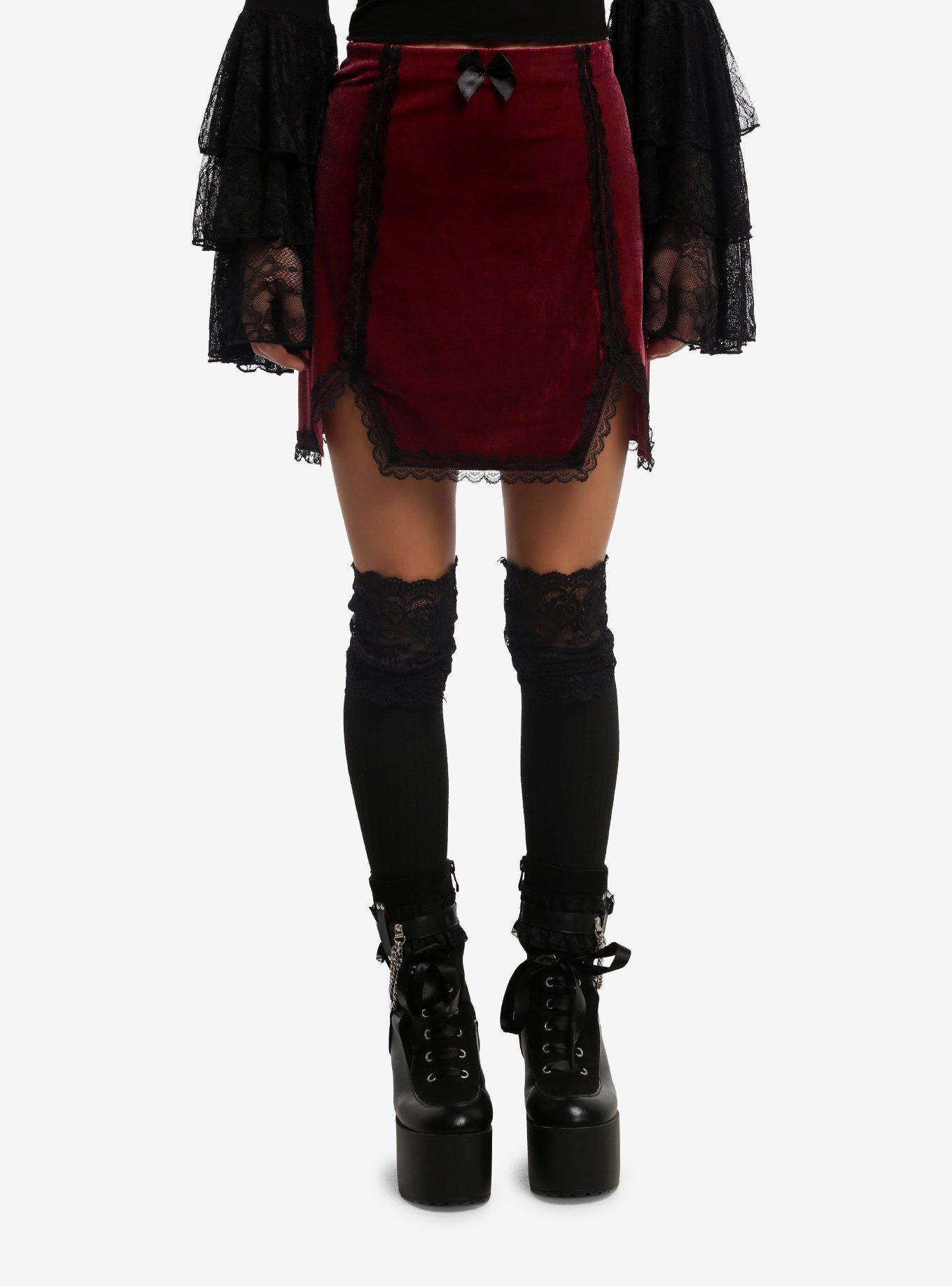 COSMICAURA Cosmic Aura Maroon Velvet Lace Trim Skirt