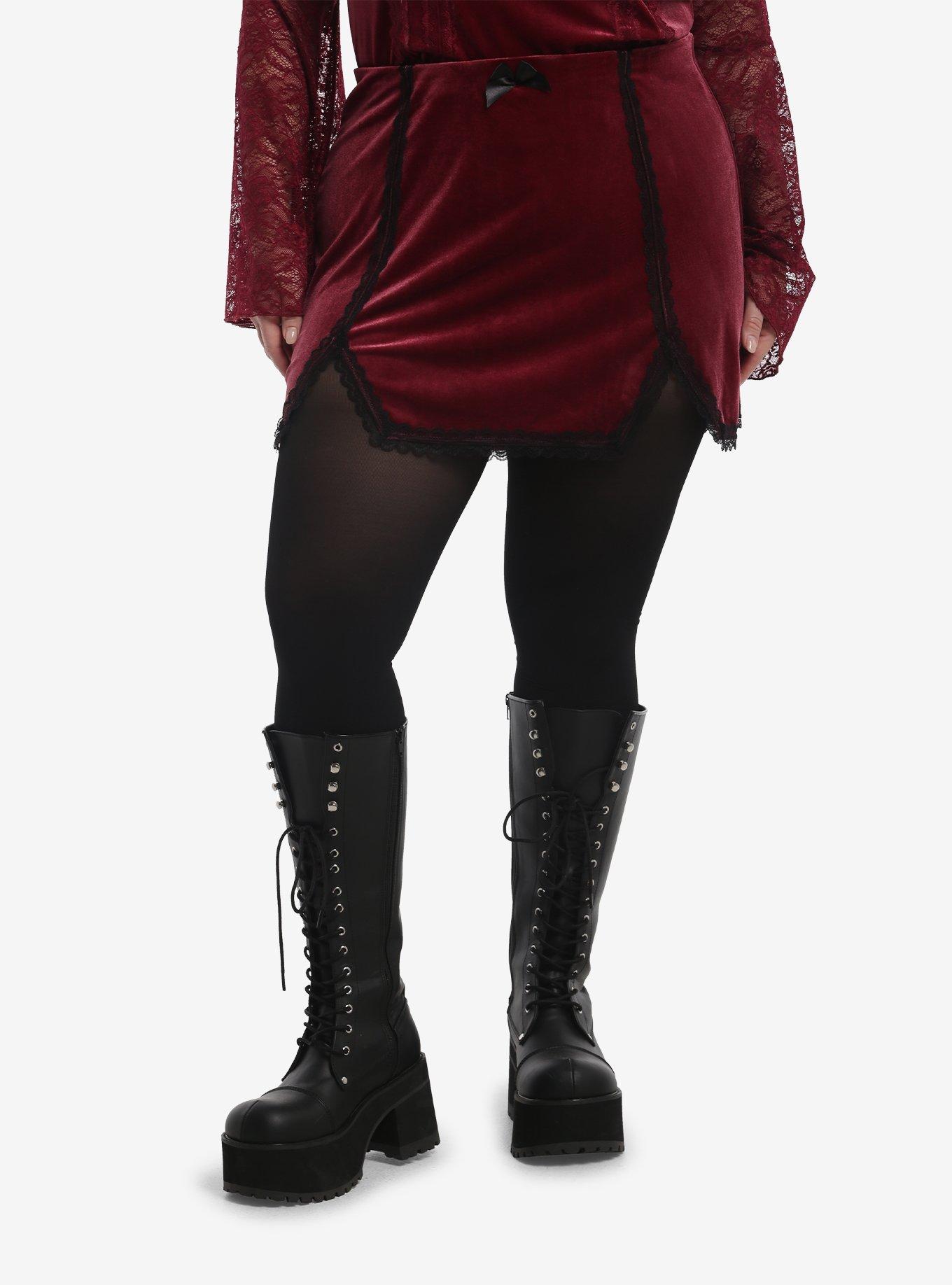 COSMICAURA Cosmic Aura Maroon Velvet Lace Trim Skirt Plus Size