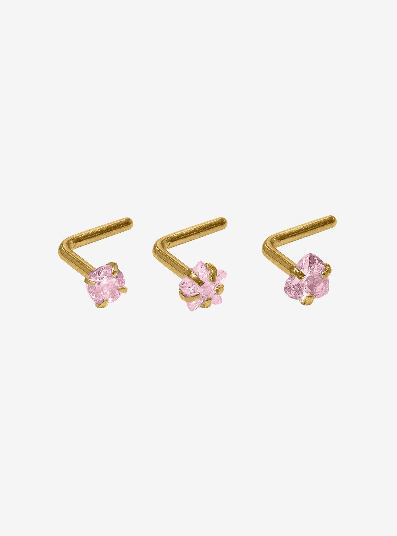 Steel Gold & Pink Opal Nose Stud 3 Pack, , hi-res