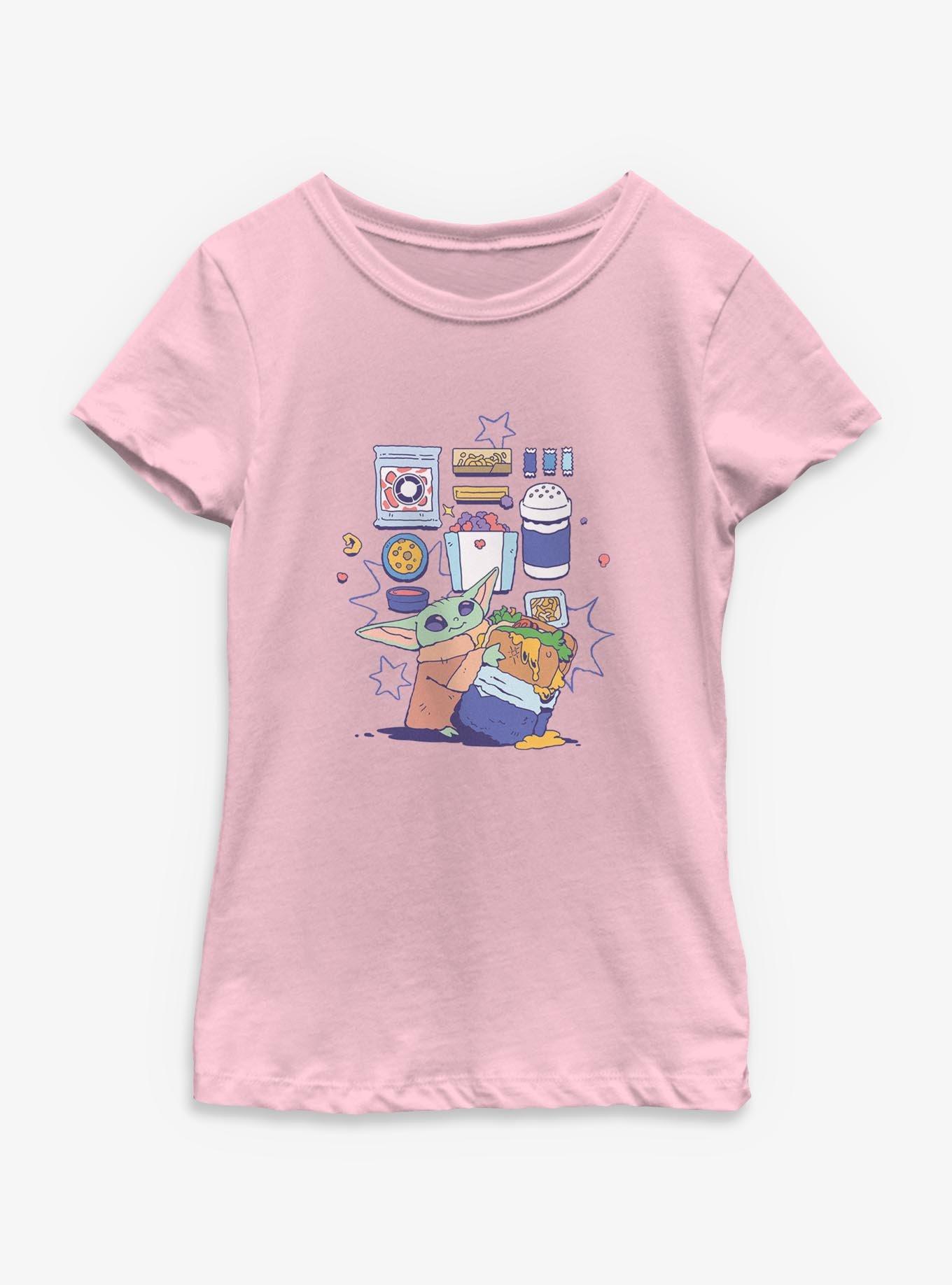 Star Wars: The Mandalorian And Grogu Grogu Enjoying Snacks Youth Girls T-Shirt, PINK, hi-res
