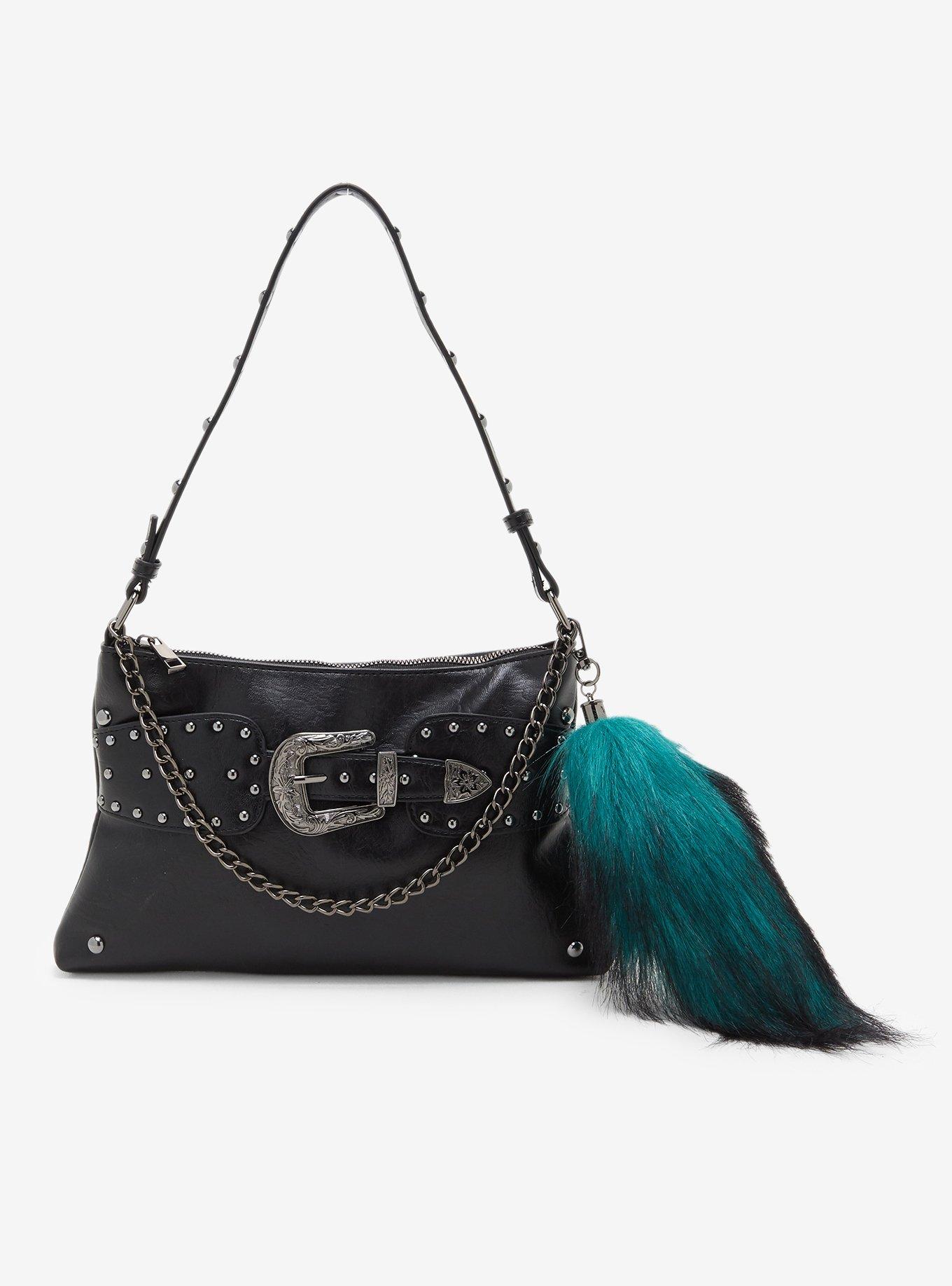 Black Belted Chain Fox Tail Shoulder Bag, , hi-res