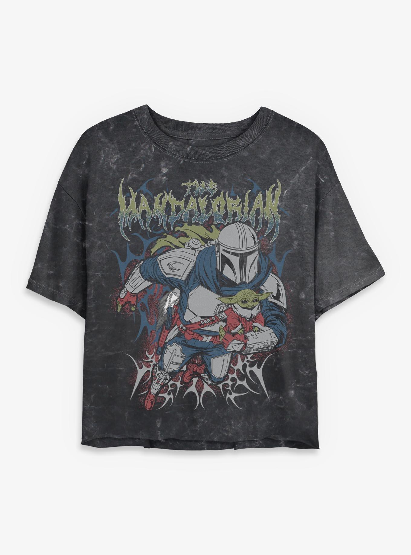 Star Wars: The Mandalorian And Grogu The Mandalorian & Grogu Duo Hunters Metal Font Style Mineral Wash Womens Crop T-Shirt Box Lunch Exclusive, , hi-res