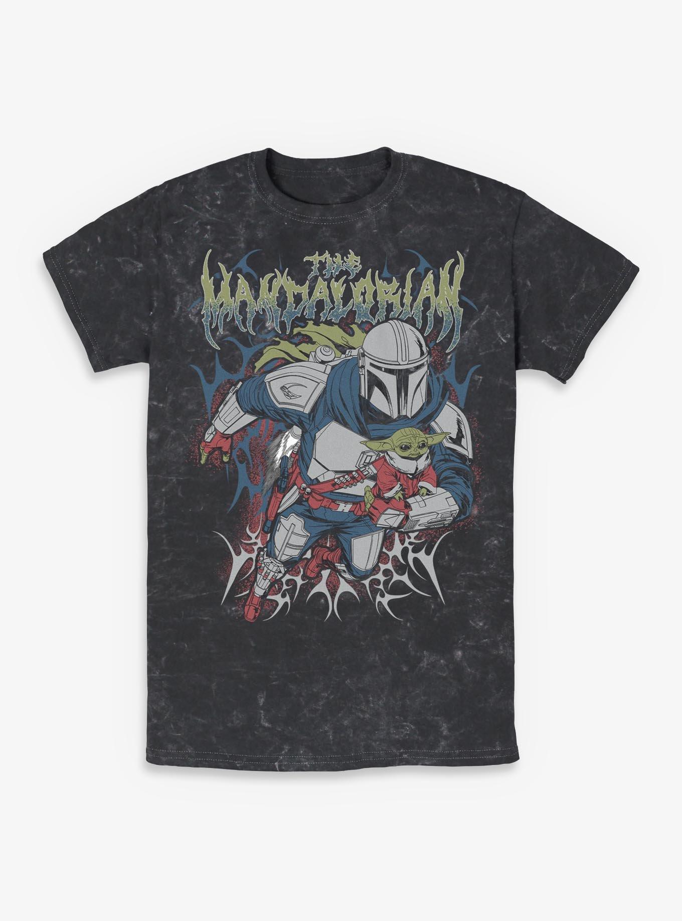 Star Wars: The Mandalorian And Grogu The Mandalorian & Grogu Duo Hunters Metal Font Style Mineral Wash T-Shirt Box Lunch Exclusive, BLACK, hi-res view 1