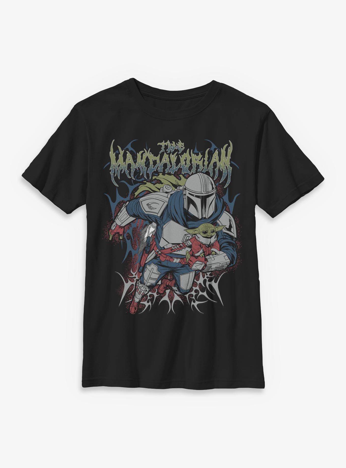 Star Wars: The Mandalorian And Grogu The Mandalorian & Grogu Duo Hunters Metal Font Style Youth T-Shirt Box Lunch Exclusive, , hi-res