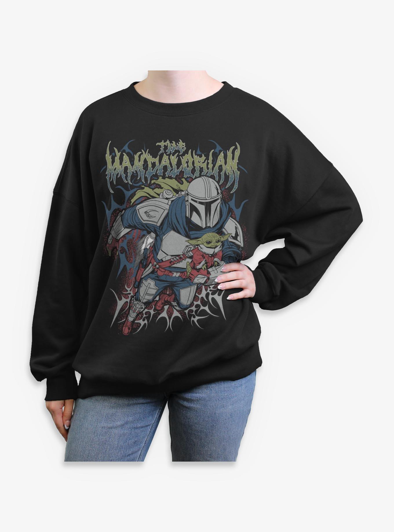 Star Wars: The Mandalorian And Grogu The Mandalorian & Grogu Duo Hunters Metal Font Style Womens Oversized Sweatshirt Box Lunch Exclusive, , hi-res