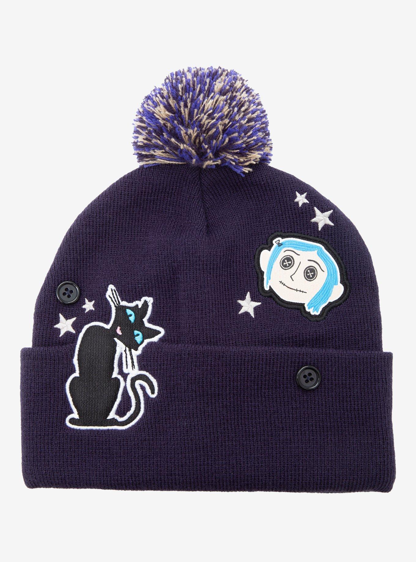 Coraline Icon Patches Pom Pom Beanie - BoxLunch Exclusive, , hi-res