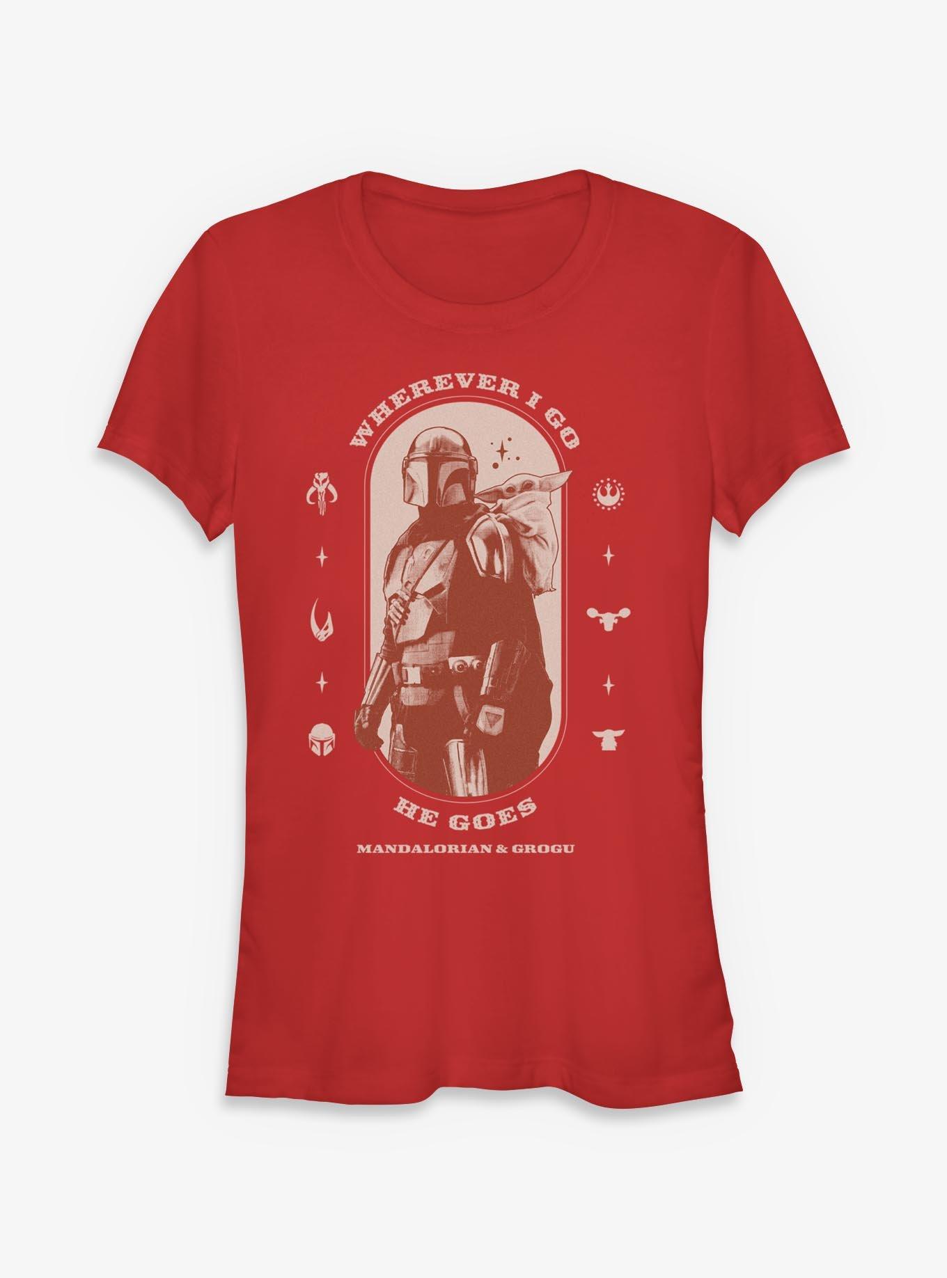 Star Wars The Mandalorian & Grogu Wherever I Go He Goes Girls T-Shirt
