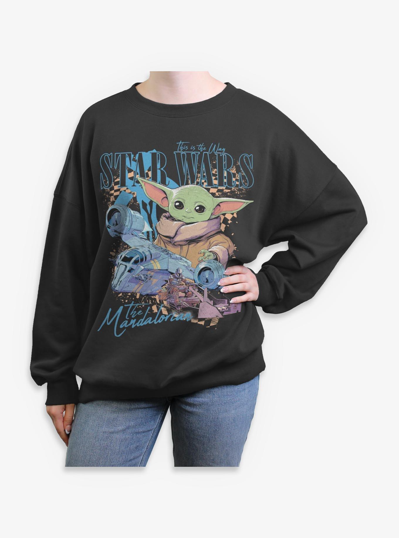 Star Wars The Mandalorian Grogu Checkered Ships Girls Oversized Sweatshirt Hot Topic Exclusive, , hi-res