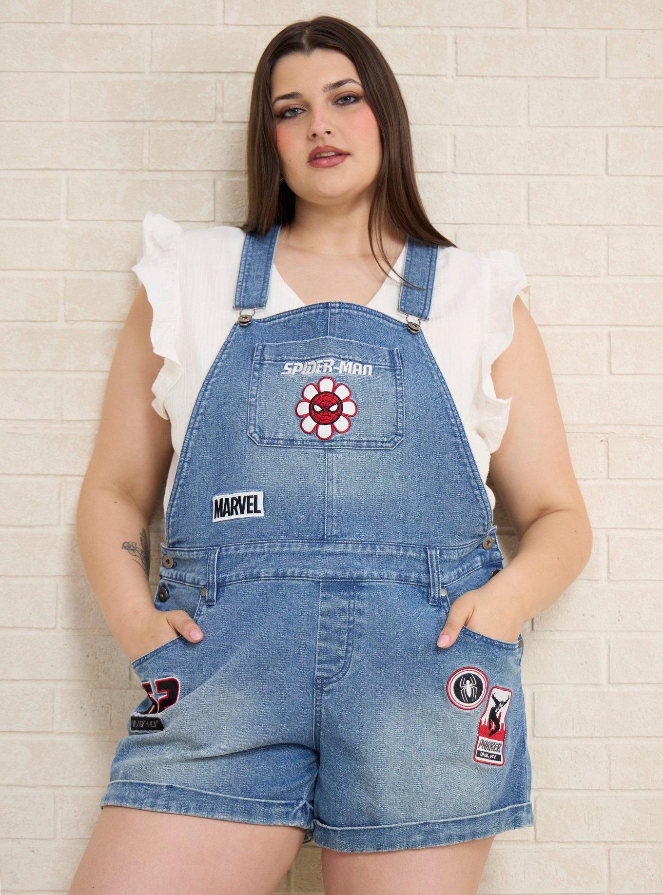 Marvel Spider-Man Embroidered Icons Women's Plus Size Short Overalls - BoxLunch Exclusive, , hi-res